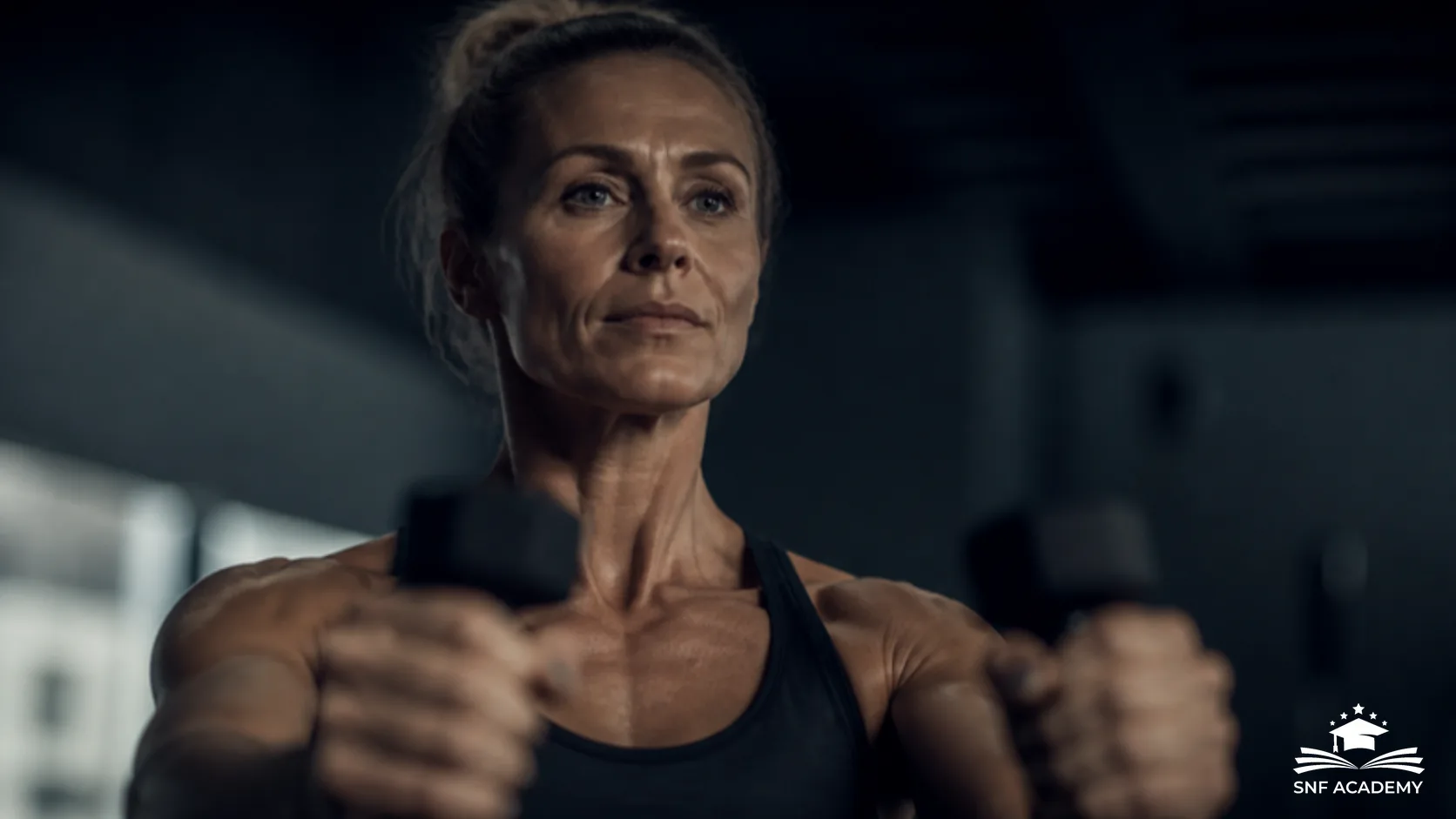 Frau mittleren Alters beim Krafttraining mit Kurzhanteln im dunklen Fitnessstudio