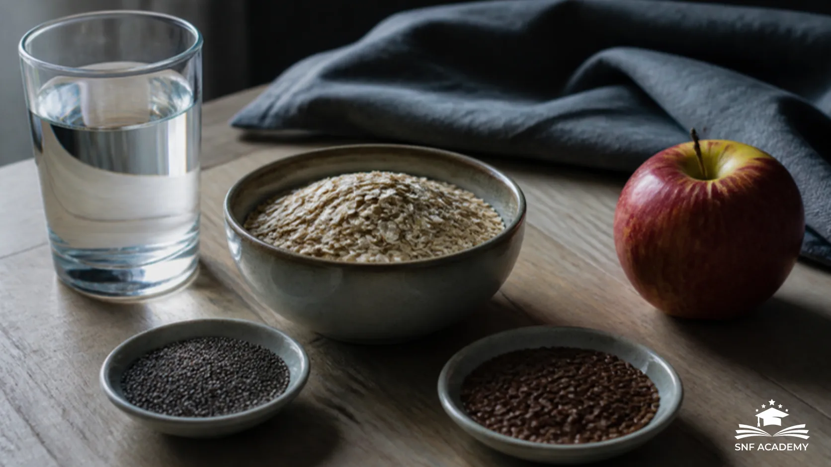 Glas Wasser, Schale Haferflocken, Chia- und Leinsamen und ein Apfel auf einem Holztisch, ballaststoffreiche Lebensmittel zum Abnehmen