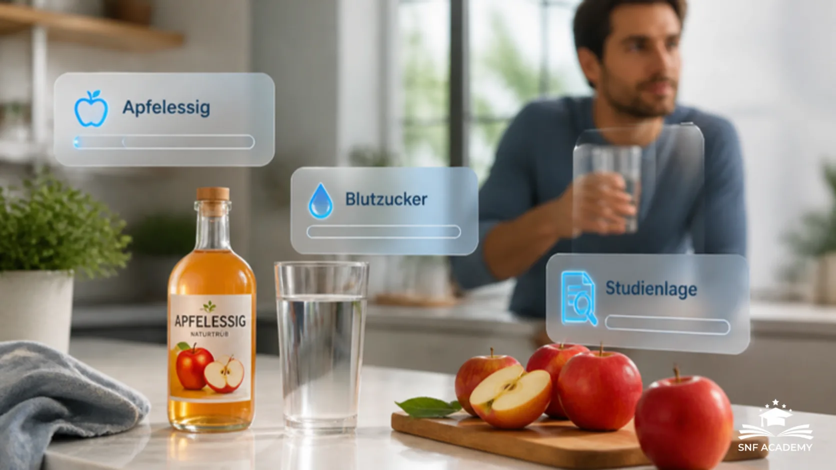 Flasche Apfelessig, Glas Wasser und frische Äpfel in der Küche, mit Info-Karten zu Apfelessig, Blutzucker und Studienlage