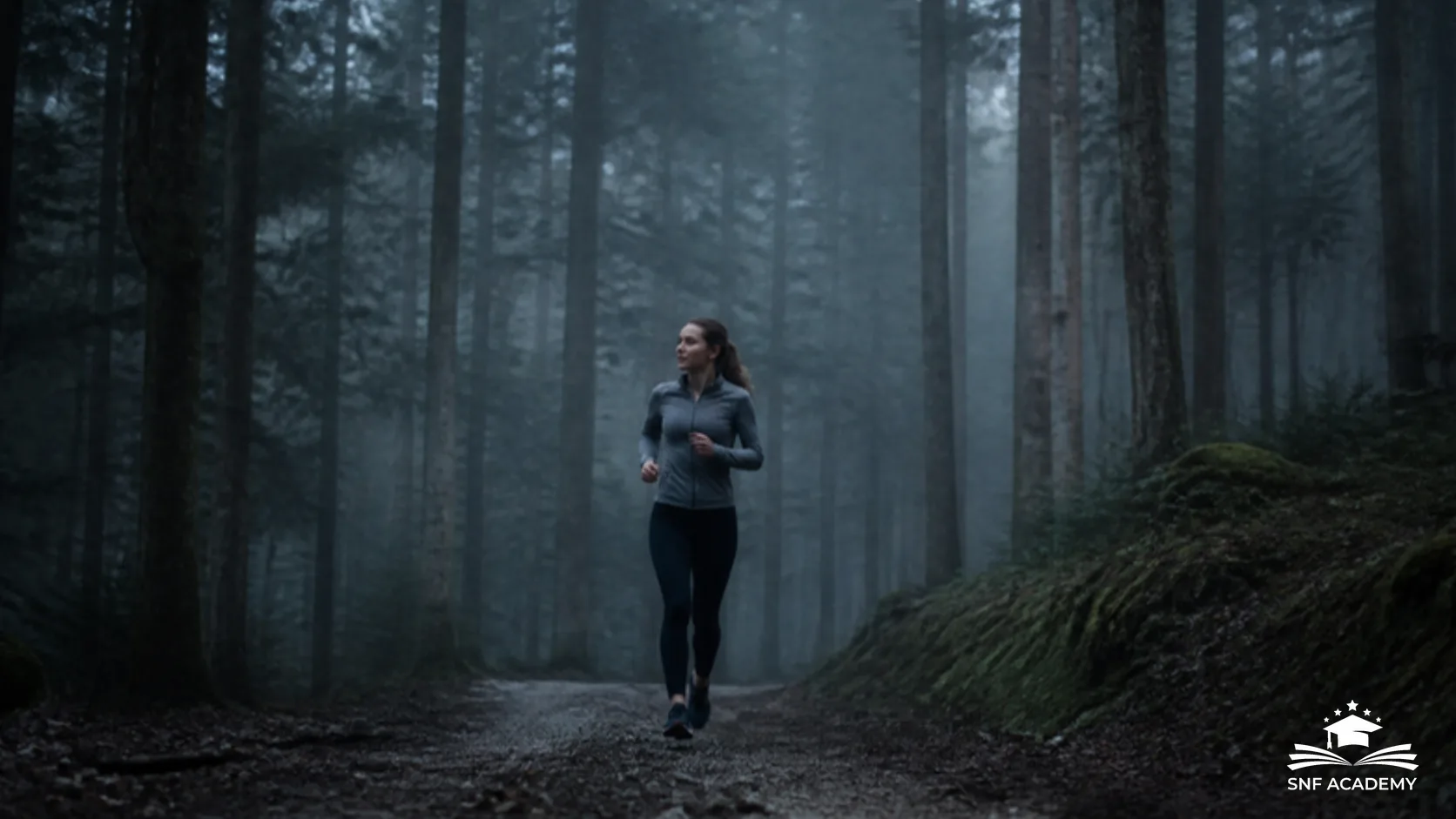 Läuferin joggt im Morgennebel auf einem Waldweg, Ausdauertraining
