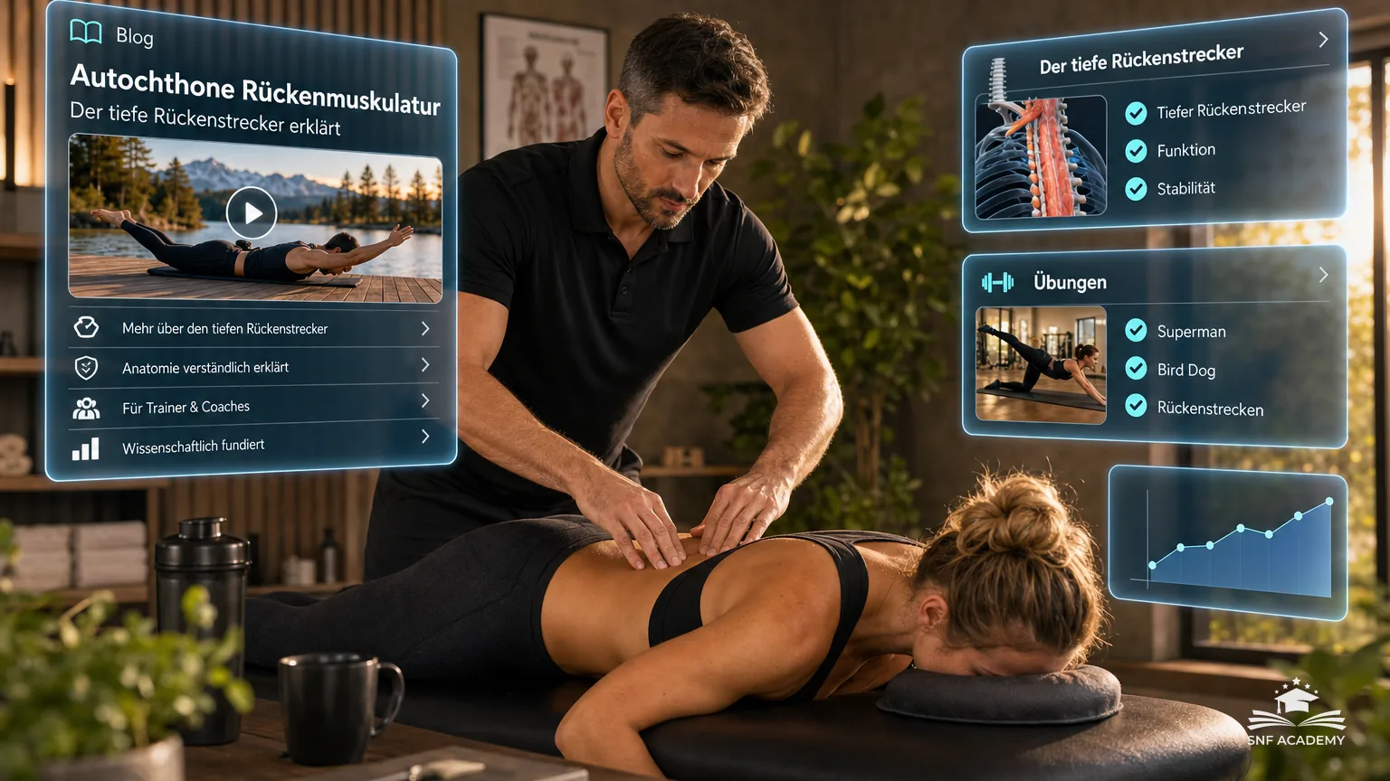 Trainer tastet bei einem Kunden in Bauchlage die Rückenstrecker ab, ruhiges Therapiestudio mit Holz – Autochthone Rückenmuskulatur