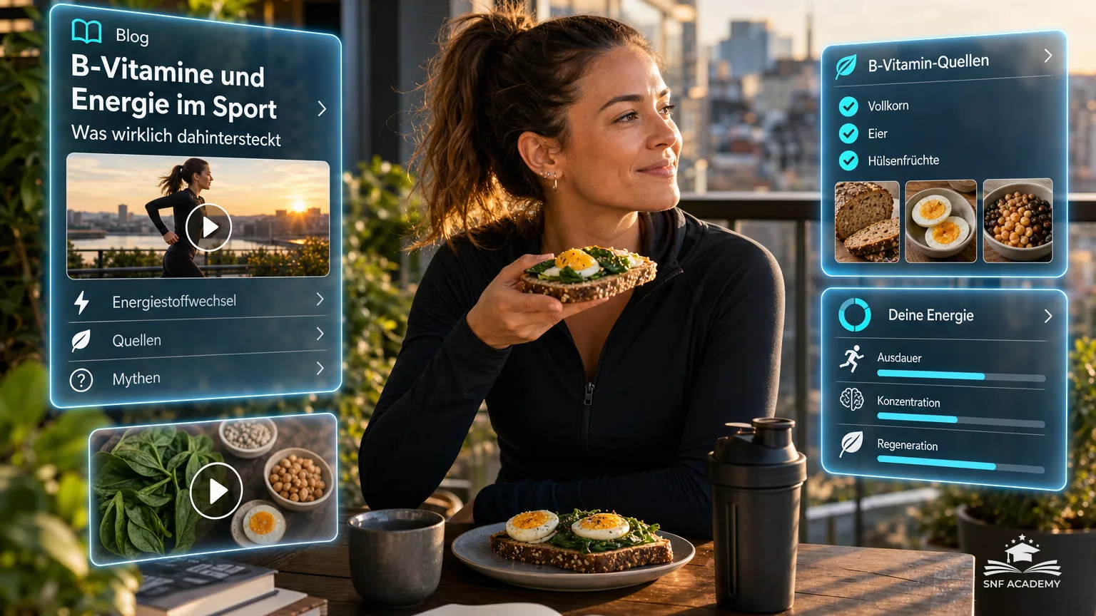 Frau nach dem Morgenlauf frühstückt Vollkornbrot, Eier und Spinat, Balkon mit Stadtblick – B-Vitamine und Energie im Sport: Was wirklich dahintersteckt