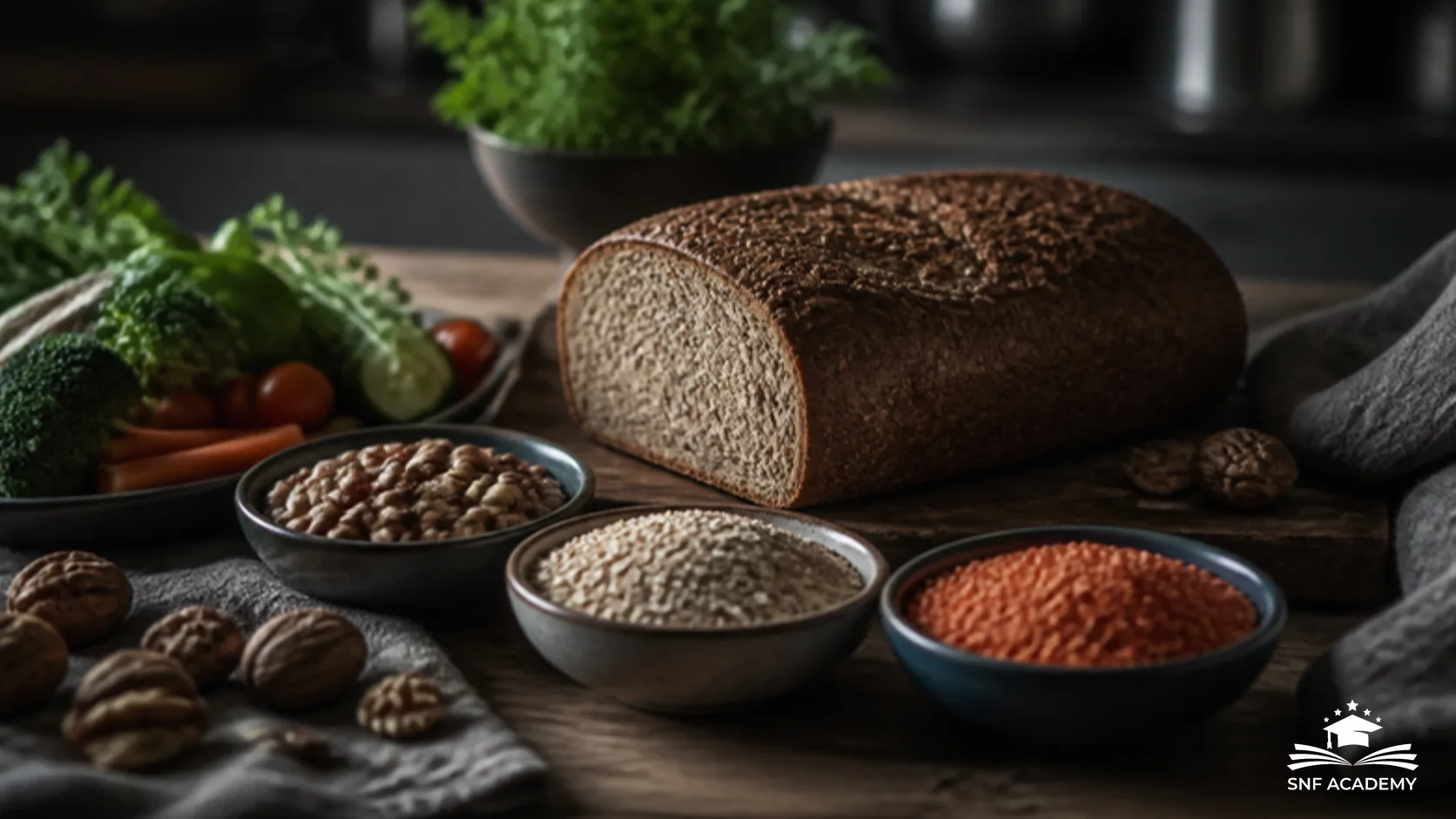 Vollkornbrot, Haferflocken, Linsen und Gemüse auf einem Holztisch
