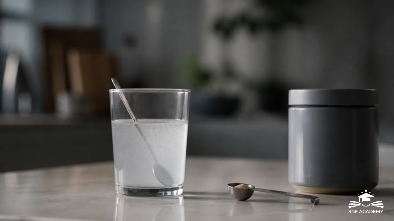 Wasserglas mit eingerührtem Pulver, Messlöffel und Vorratsdose auf einem hellen Küchentisch