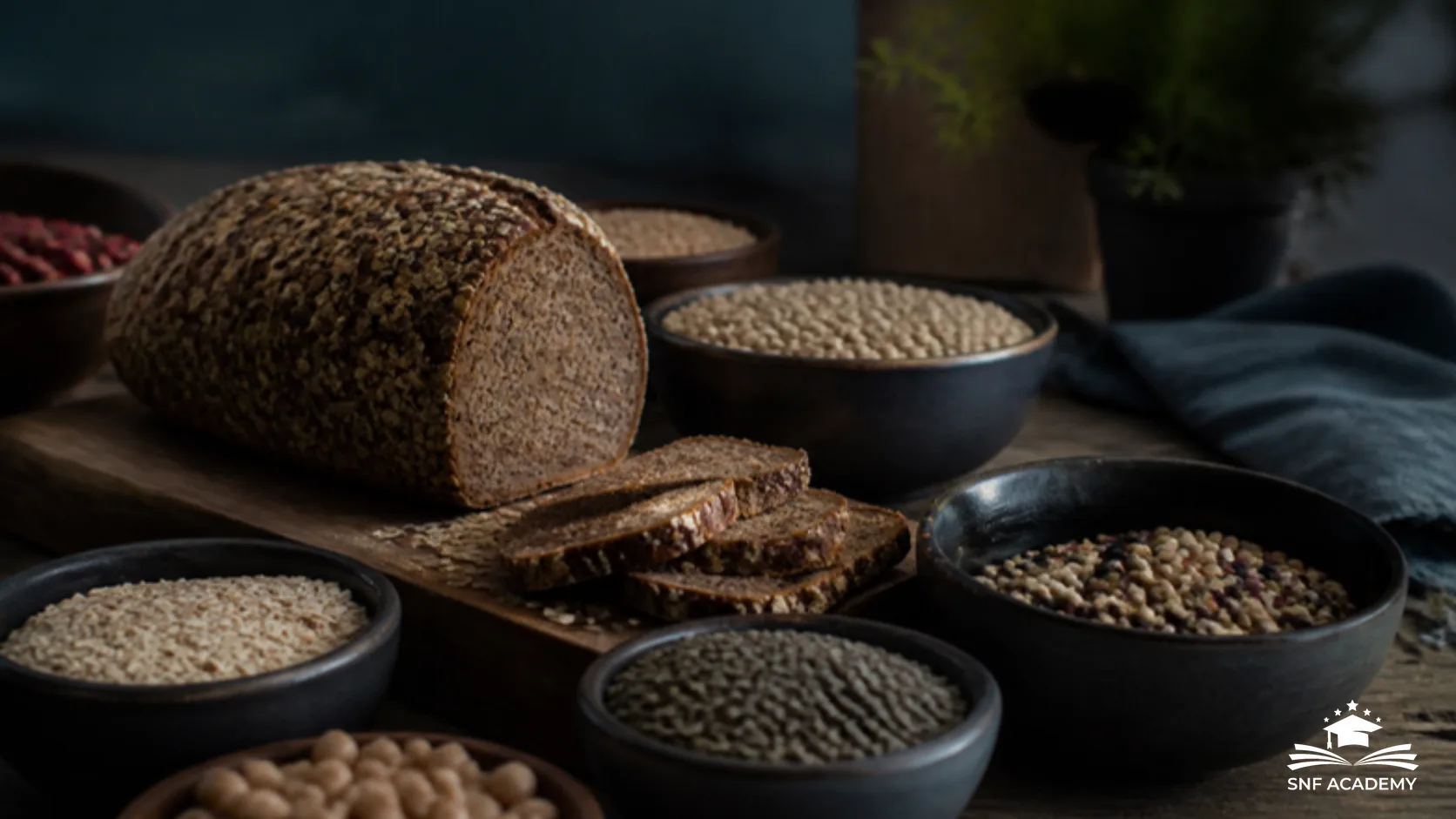 Vollkornbrot, Haferflocken und Hülsenfrüchte in Schalen auf einem Holztisch, ballaststoffreiche Lebensmittel