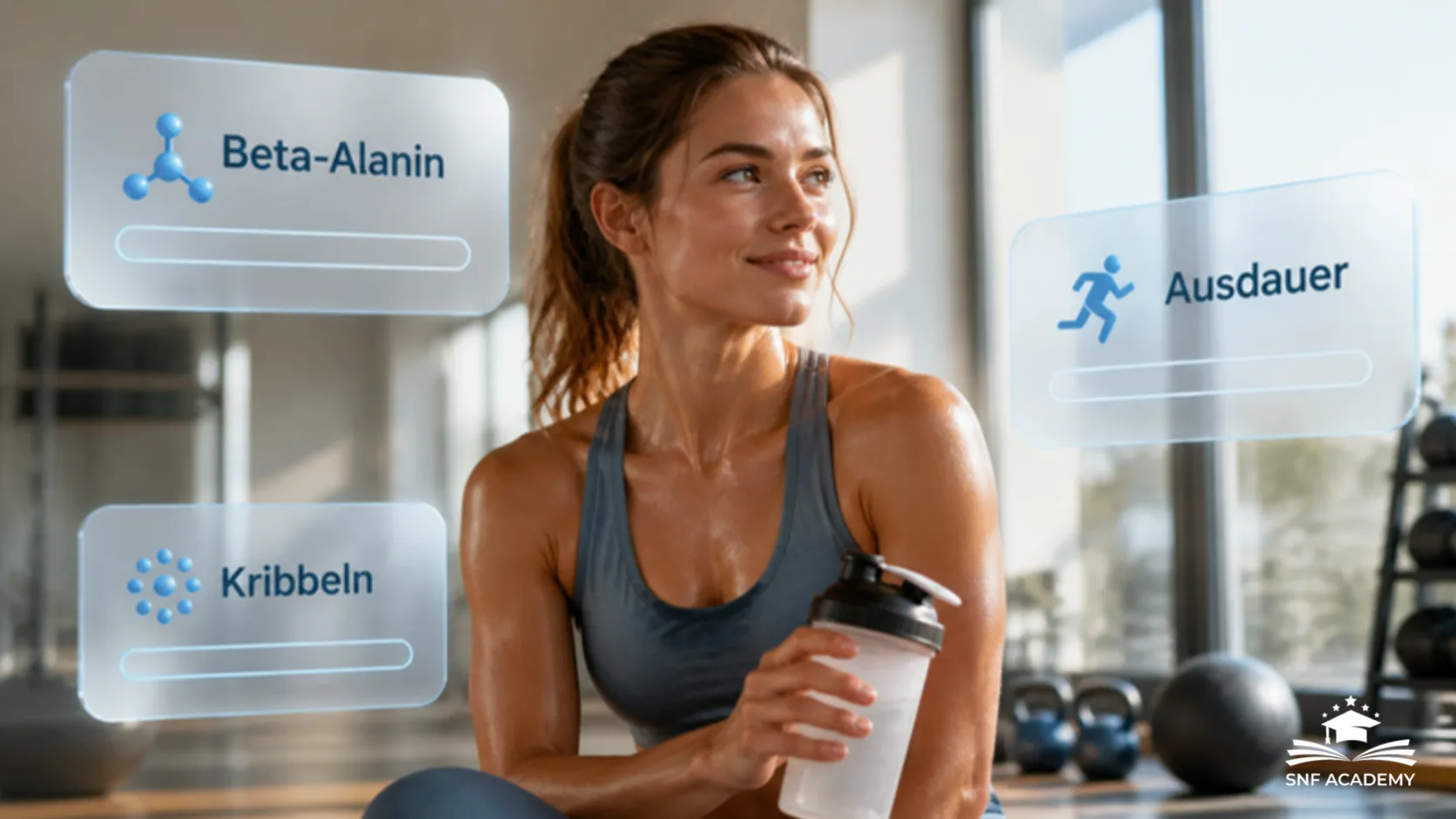 Sportlerin im Fitnessstudio mit Shaker-Flasche, mit Info-Karten zu Beta-Alanin, Ausdauer und Kribbeln