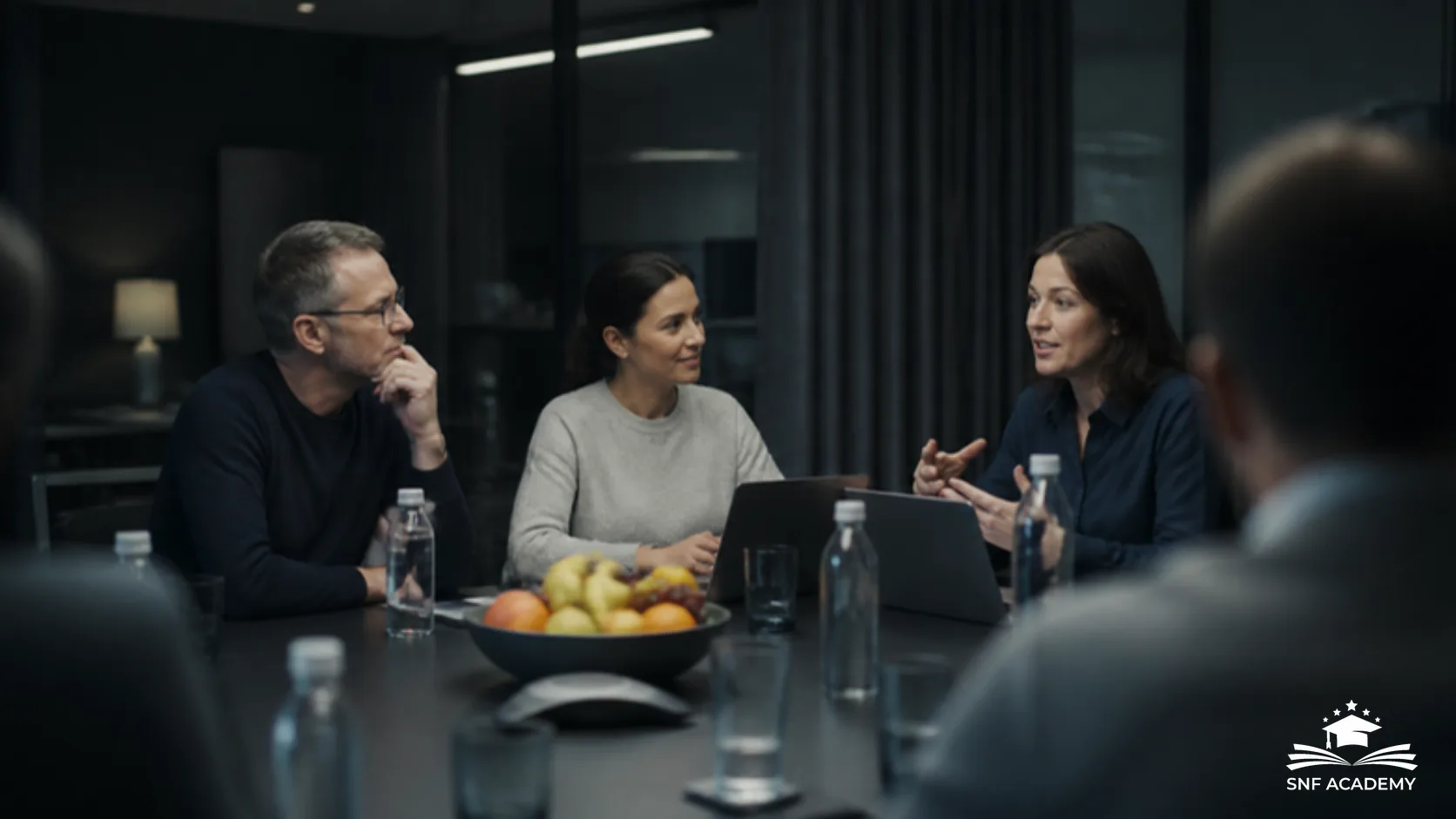 Kleines Team bespricht in einem Büro ein Gesundheitsprogramm für Mitarbeitende
