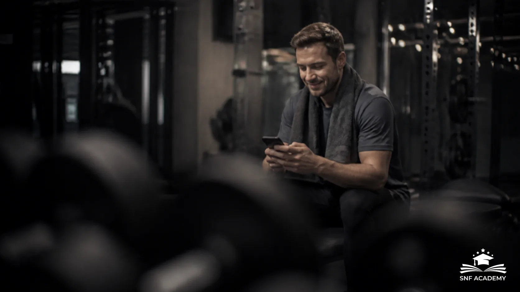 Mitglied gibt nach dem Training im Fitnessstudio eine Bewertung am Smartphone ab