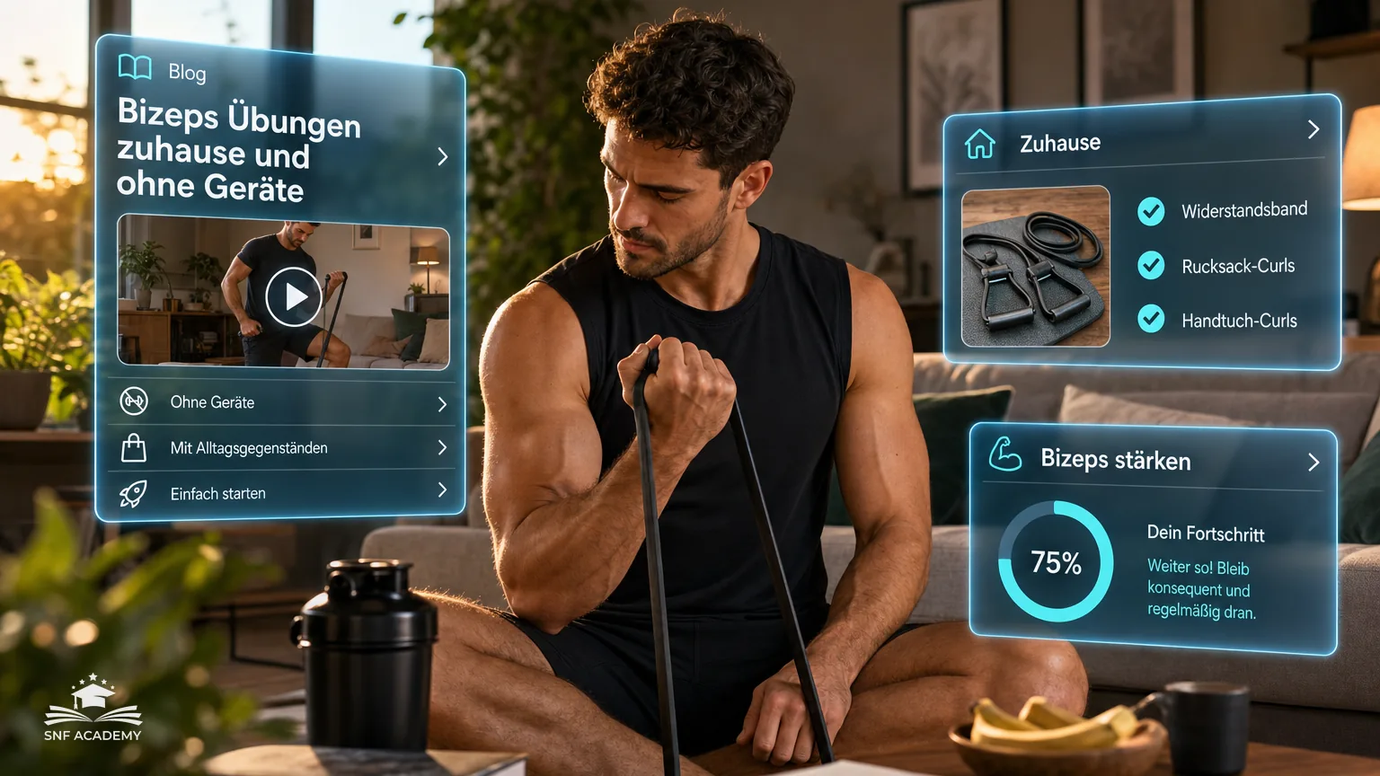 Mann trainiert Bizeps mit einem Widerstandsband im Wohnzimmer, Sofa und Pflanzen im Hintergrund – Bizeps Übungen zuhause und ohne Geräte