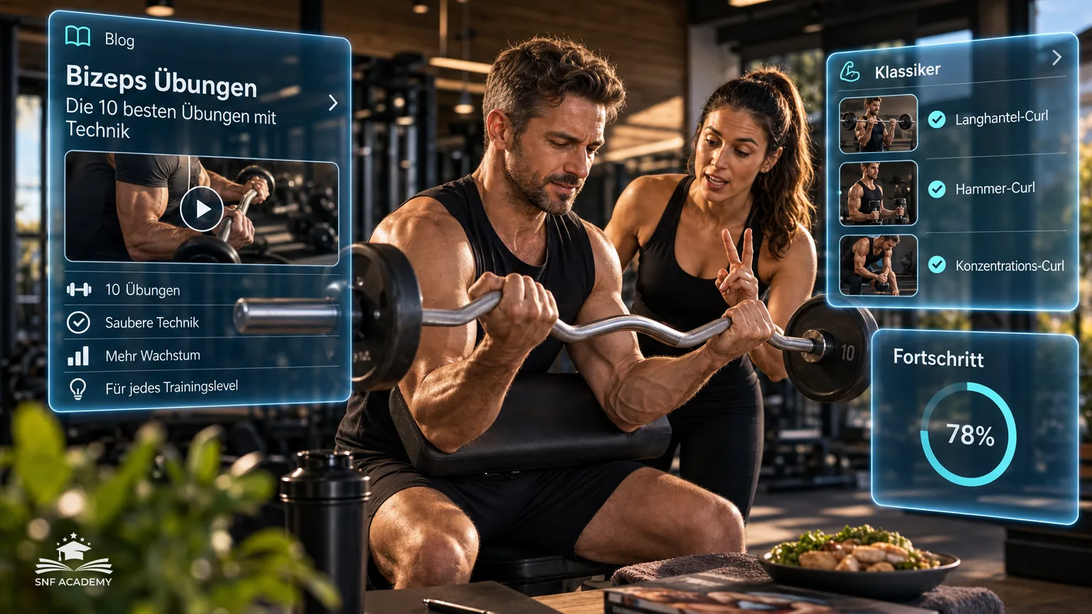 Mann Mitte 30 macht Bizeps-Curls mit SZ-Stange, Trainerin zählt mit, modernes Gym mit Holzakzenten – Bizeps Übungen