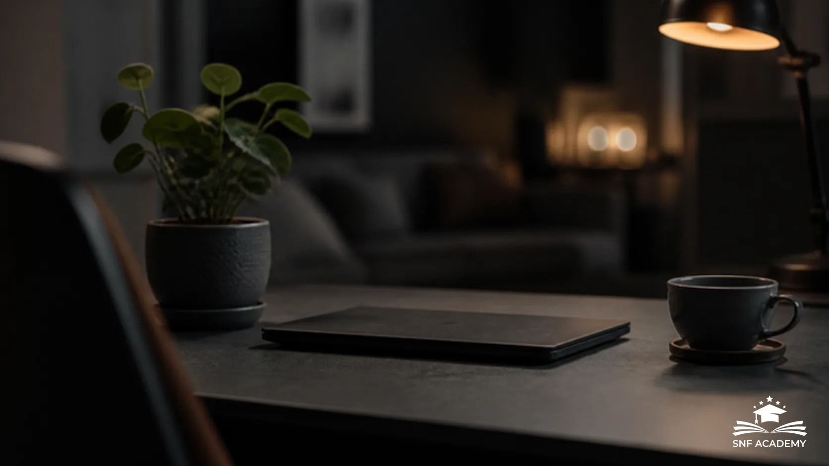 Ruhiger Abendschreibtisch mit geschlossenem Laptop, Tee, Zimmerpflanze und Schreibtischlampe
