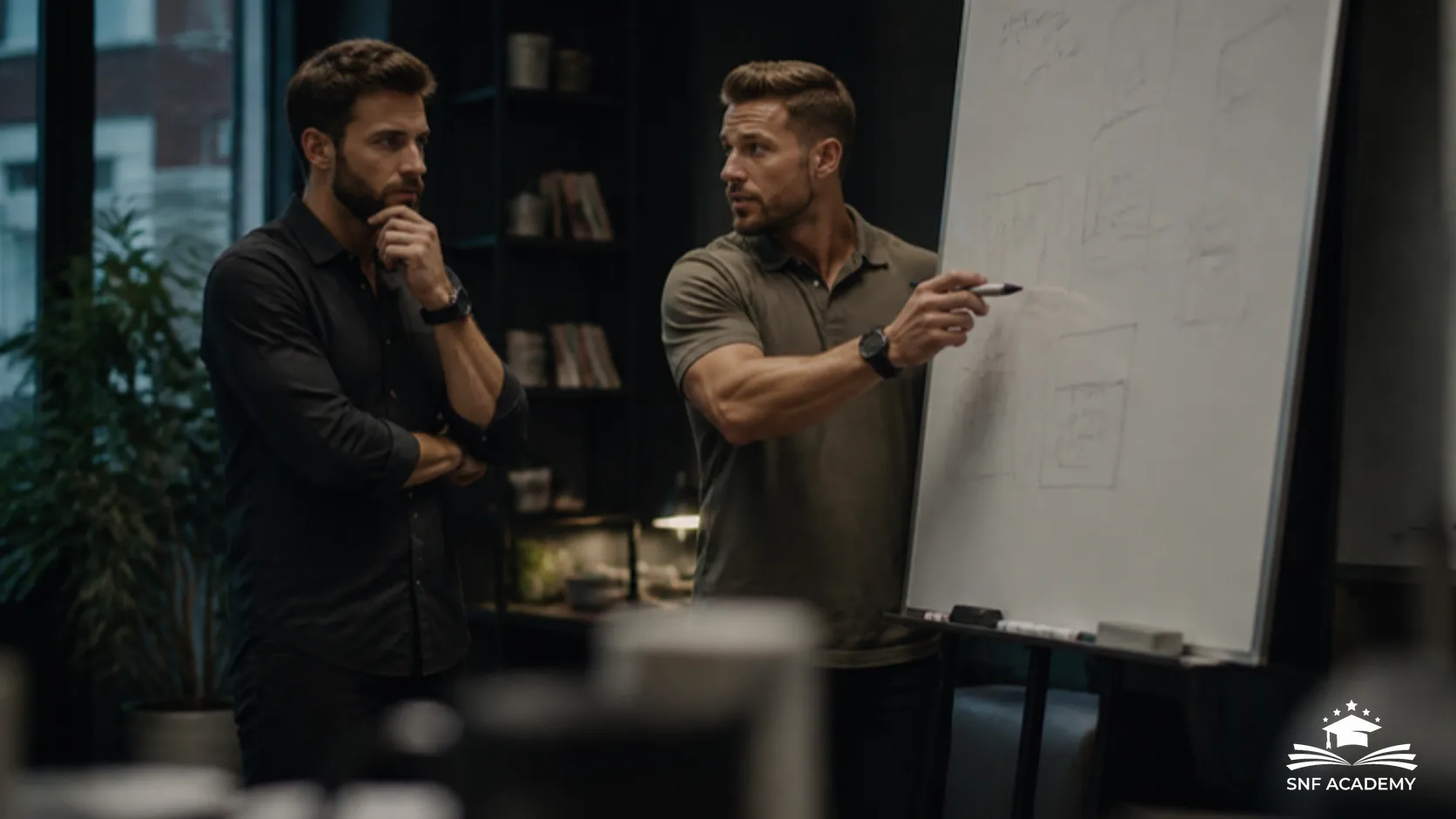 Zwei Coaches besprechen die Struktur eines Angebots am Whiteboard