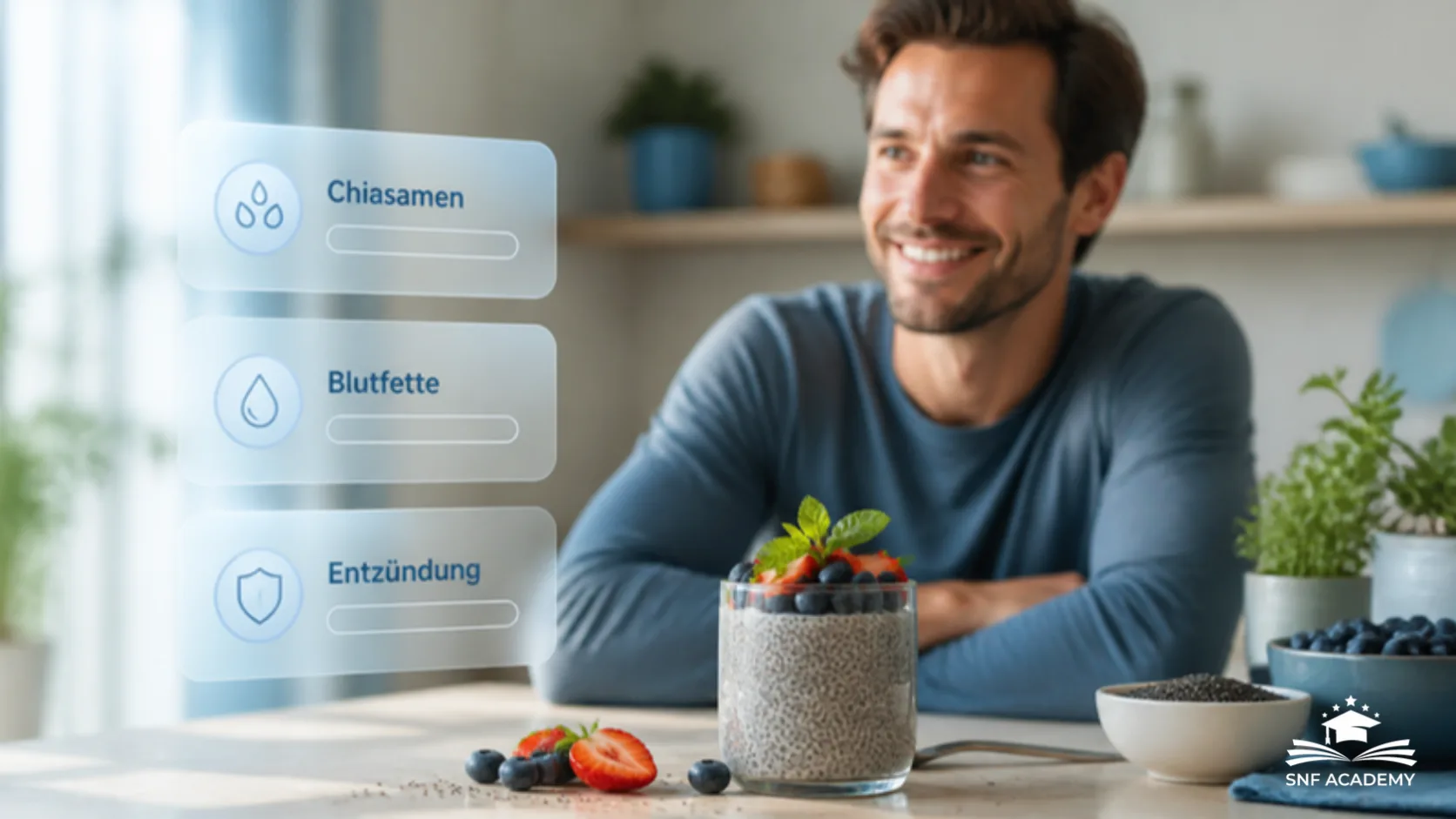 Glas Chia-Pudding mit frischen Früchten, im Hintergrund ein lächelnder Mann, mit Info-Karten zu Chiasamen, Blutfetten und Entzündung