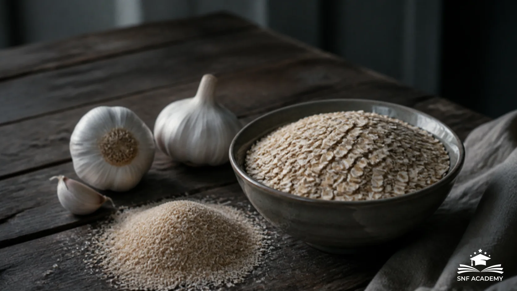 Schale mit Haferflocken, Knoblauchknollen und Flohsamenschalen auf einem Holztisch