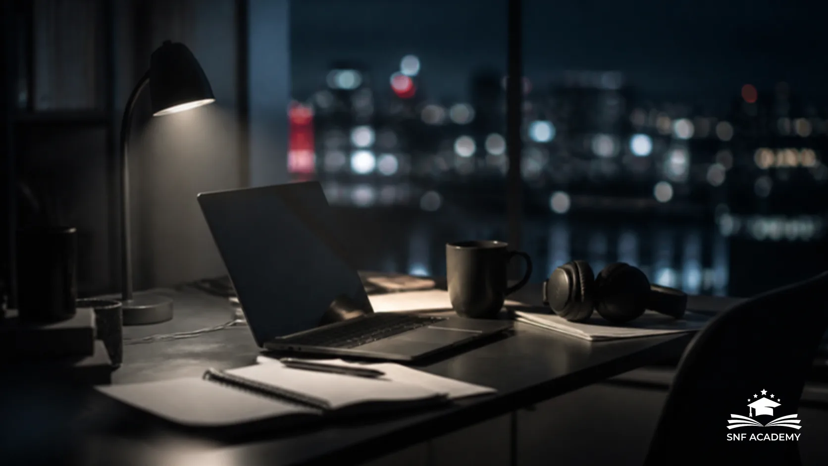 Schreibtisch am Abend mit Laptop, Lernunterlagen, Kaffeetasse und Kopfhörern