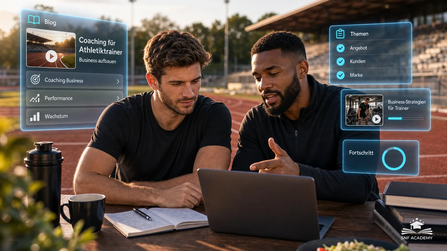 Coach bespricht mit einem Athletiktrainer den Businessplan, Sprintbahn im Hintergrund – Coaching für Athletiktrainer: Business aufbauen