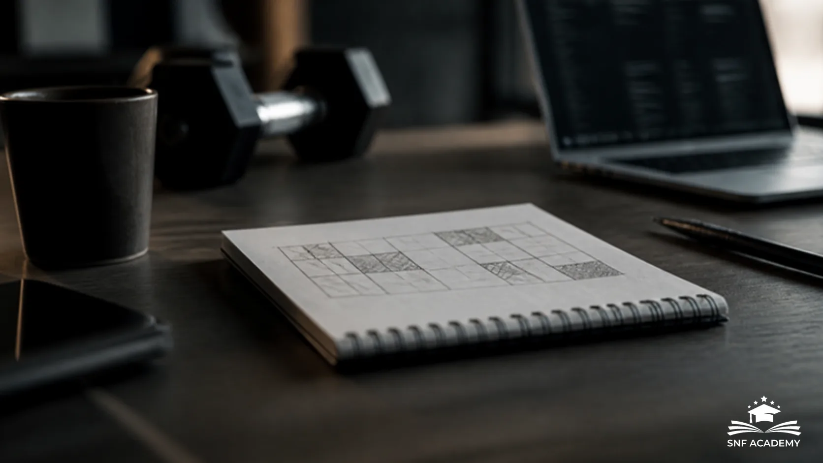 Notizbuch mit Redaktionsplan auf einem Schreibtisch mit Laptop und Hantel im Hintergrund