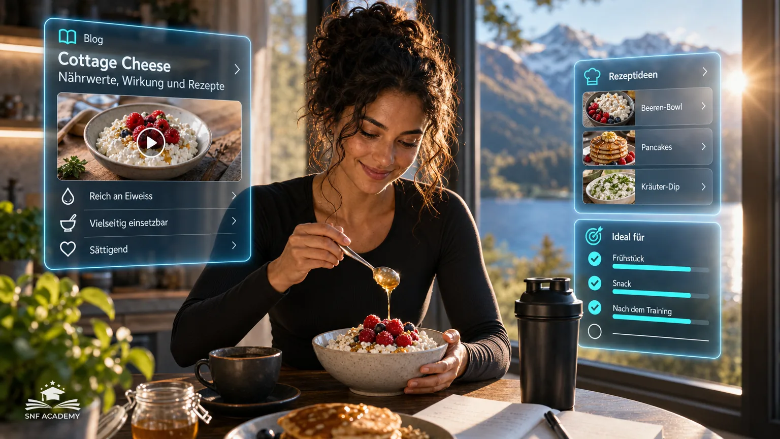 Frau isst Cottage Cheese mit Himbeeren und Honig, daneben Protein-Pancakes – Nährwerte und Rezeptideen für Cottage Cheese