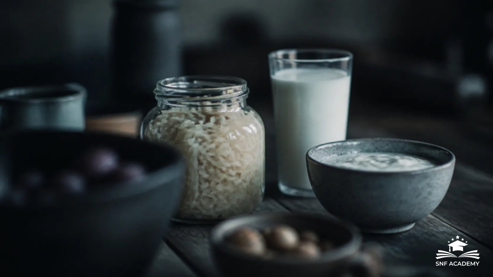 Sauerkraut im Glas, Glas Kefir und Schale Joghurt auf einem dunklen Holztisch