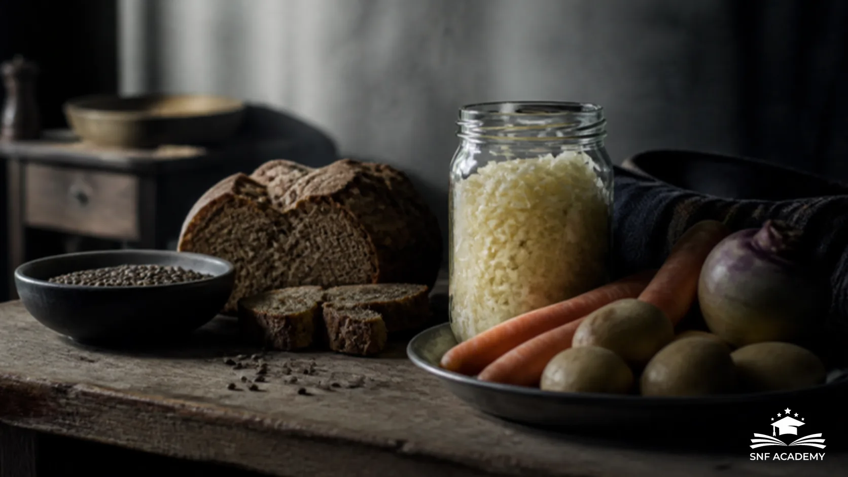 Holztisch mit Vollkornbrot, Gemüse, Linsen und einem Glas Sauerkraut, ballaststoffreiche und fermentierte Lebensmittel