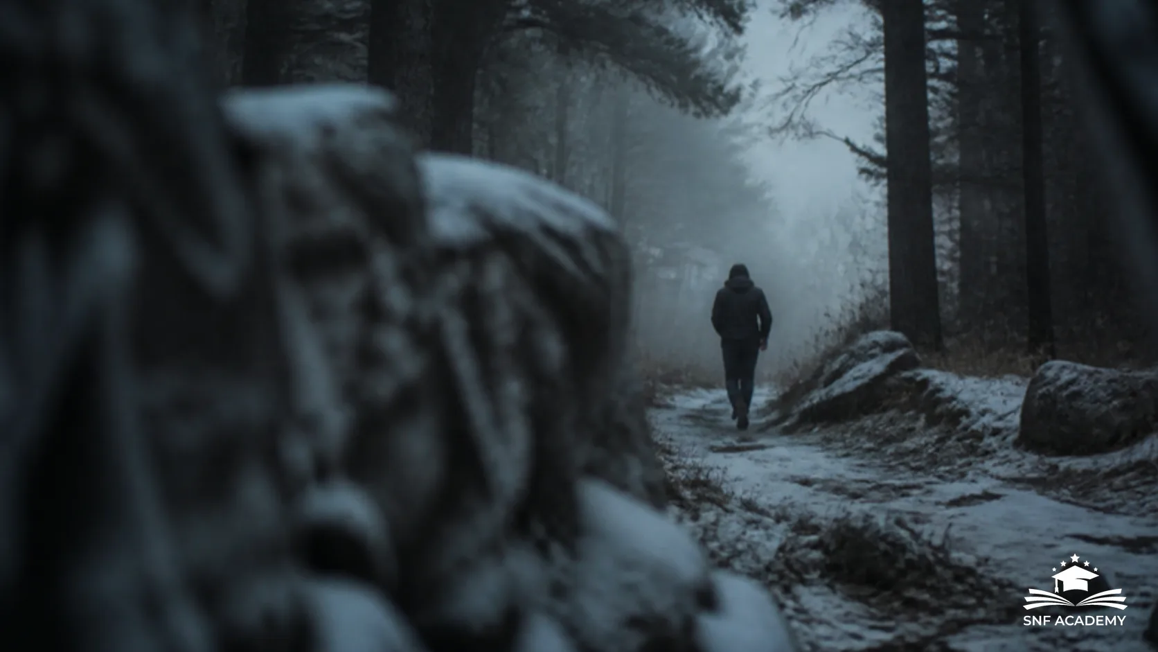 Person geht an einem nebligen Wintermorgen auf einem Waldweg spazieren