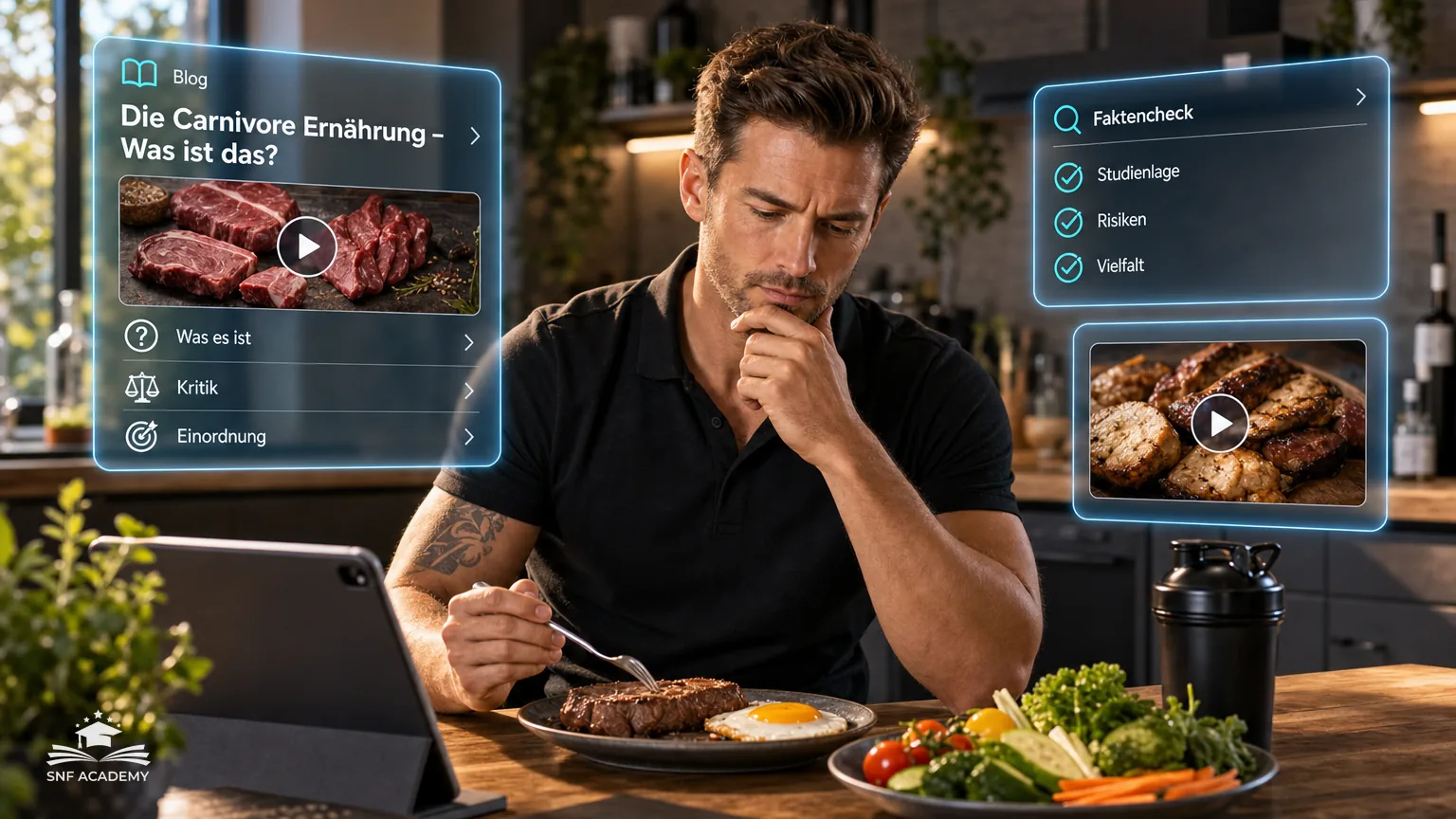 Ernährungscoach betrachtet kritisch einen Teller mit Steak und Ei neben einem Teller mit Gemüse, Küche – Die Carnivore Ernährung – Was ist das?