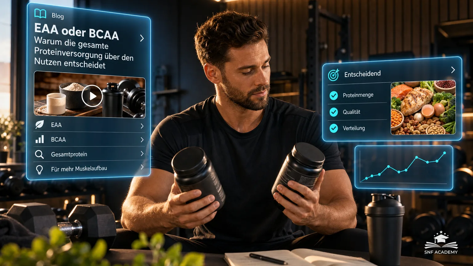 Sportler vergleicht zwei Pulverdosen auf der Hantelbank, Studio mit dunklem Holz – EAA oder BCAA: Warum die gesamte Proteinversorgung über den Nutzen entscheidet