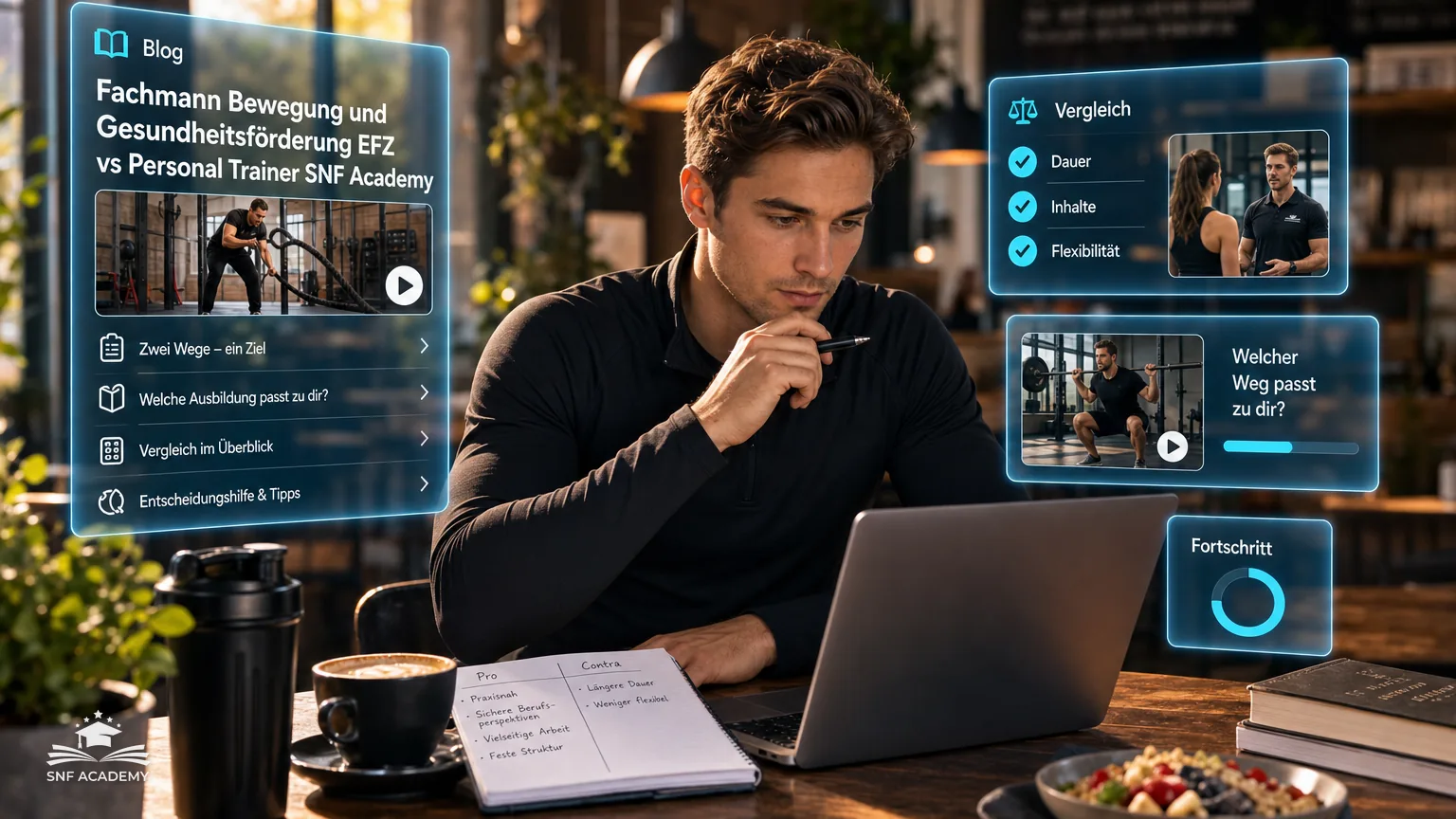 Junger Mann vergleicht am Laptop zwei Ausbildungswege, Notizbuch mit Pro und Contra, Café – Fachmann Bewegung und Gesundheitsförderung EFZ vs Personal Trainer SNF Academy