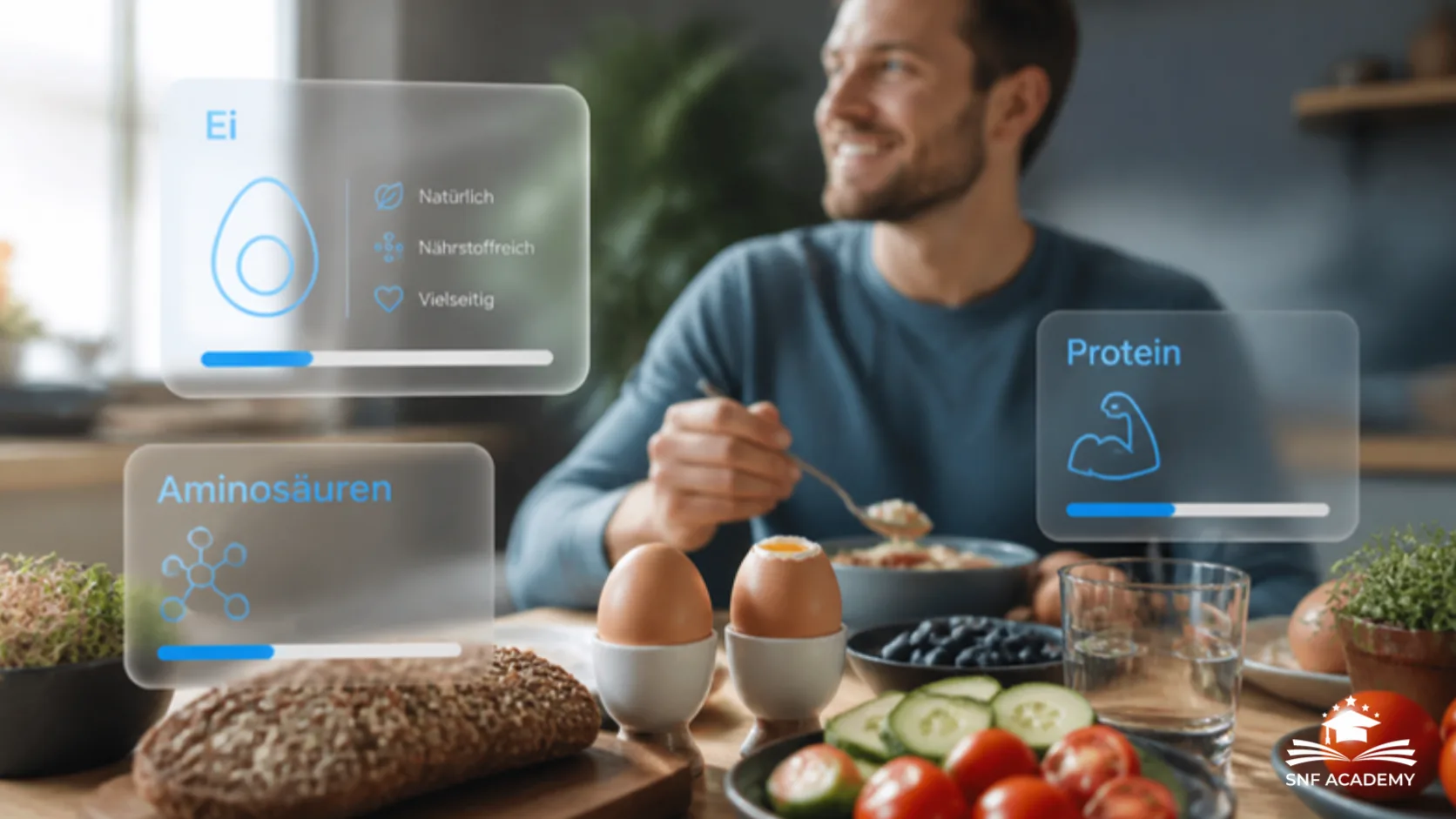 Mann frühstückt mit gekochten Eiern, Vollkornbrot und Gemüse, mit Info-Karten zu Ei, Protein und Aminosäuren