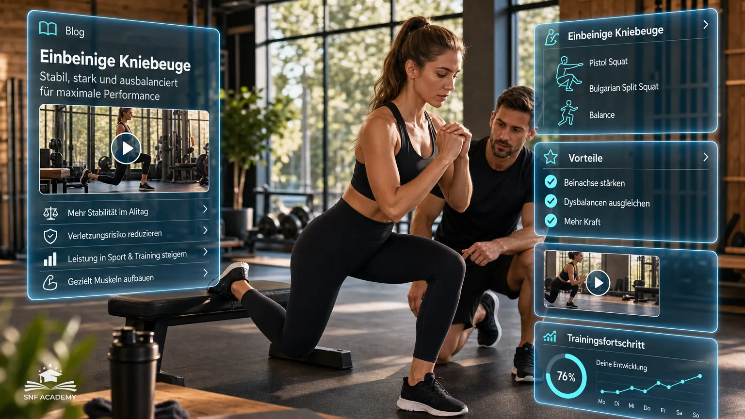 Sportlerin führt einen Bulgarian Split Squat an der Bank aus, Studio mit Tageslicht – Einbeinige Kniebeuge: Pistol Squat und Bulgarian Split Squat
