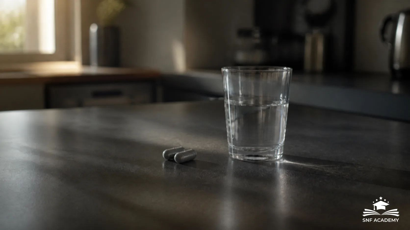 Kapseln neben einem Glas Wasser auf einem Küchentisch, Symbolbild Eisenpräparate