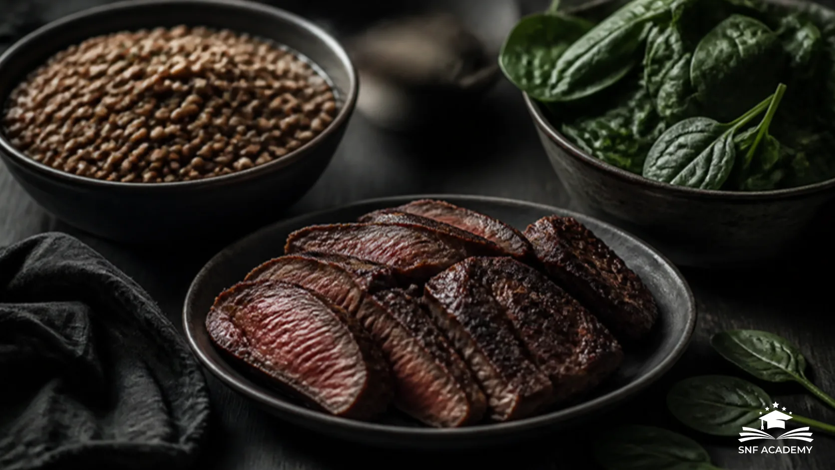 Angebratenes Rindersteak, Linsen und frischer Spinat in Schalen auf einem dunklen Holztisch