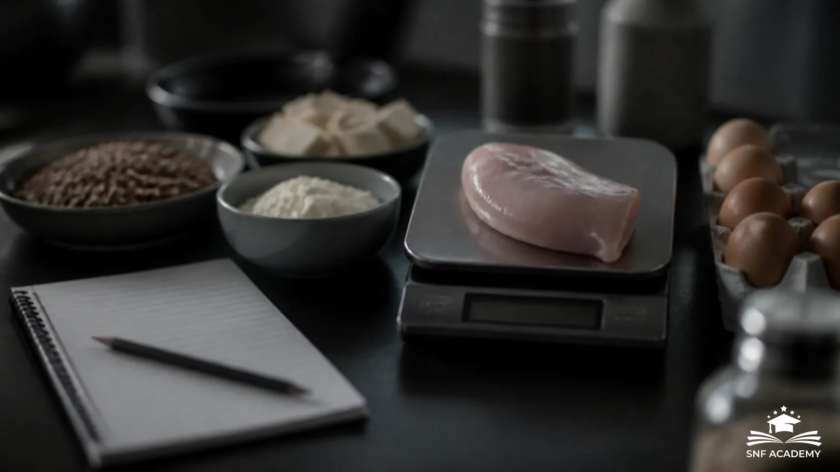 Küchenwaage mit Hähnchenbrust, Linsen und Quark neben einem Notizbuch auf dunklem Tisch