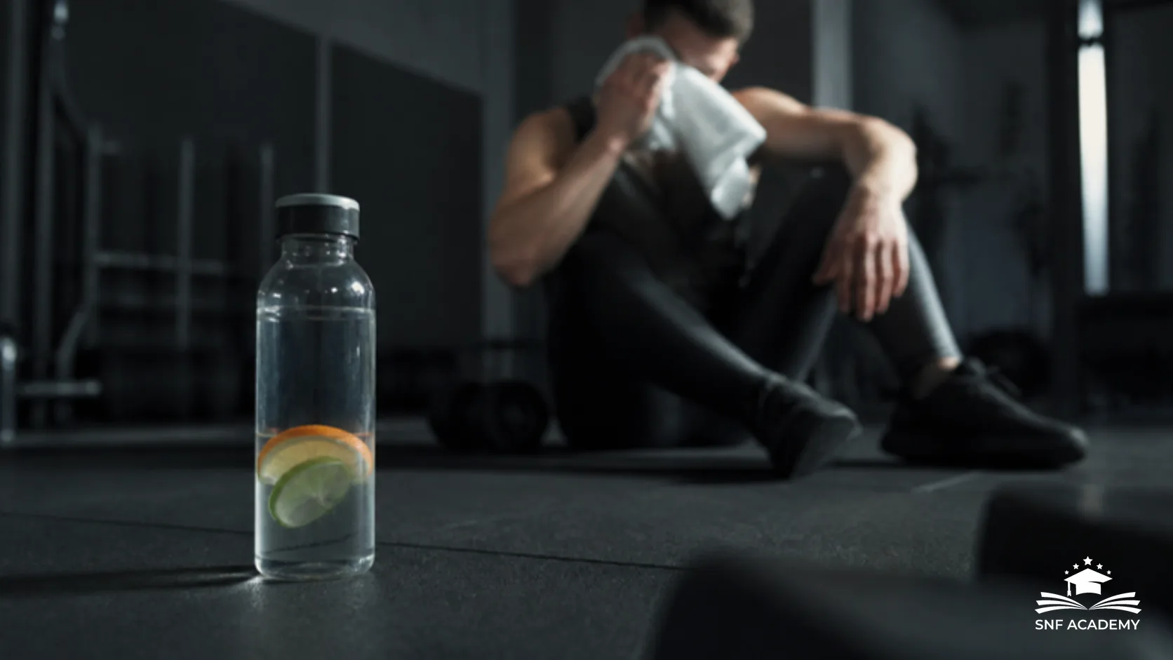 Trinkflasche mit Orangen- und Limettenscheibe im Fitnessstudio, dahinter ein Sportler mit Handtuch in der Trainingspause