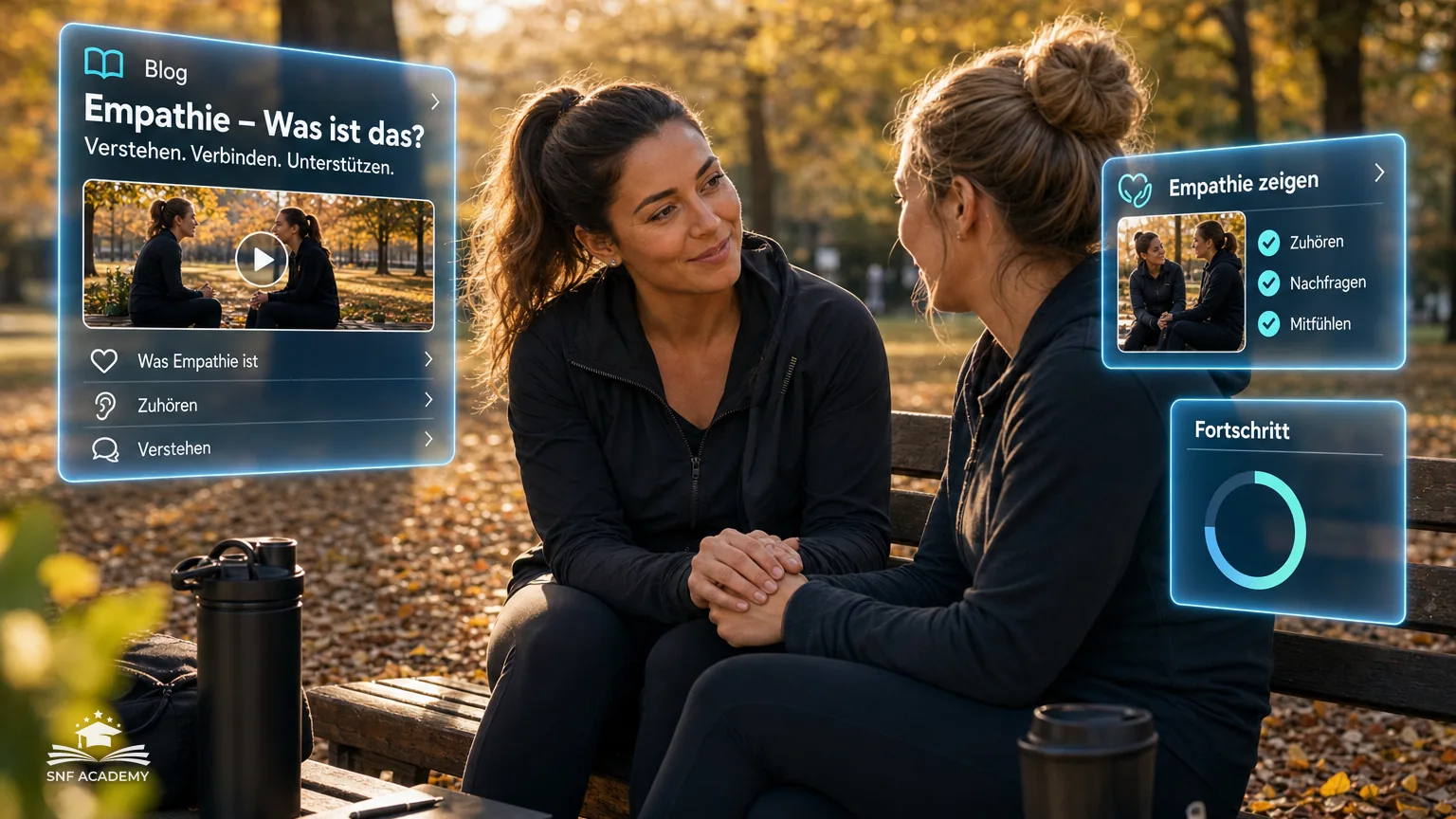 Zwei Freundinnen im einfühlsamen Gespräch auf einer Parkbank, eine hält die Hand der anderen, Herbstlicht – Empathie – Was ist das?