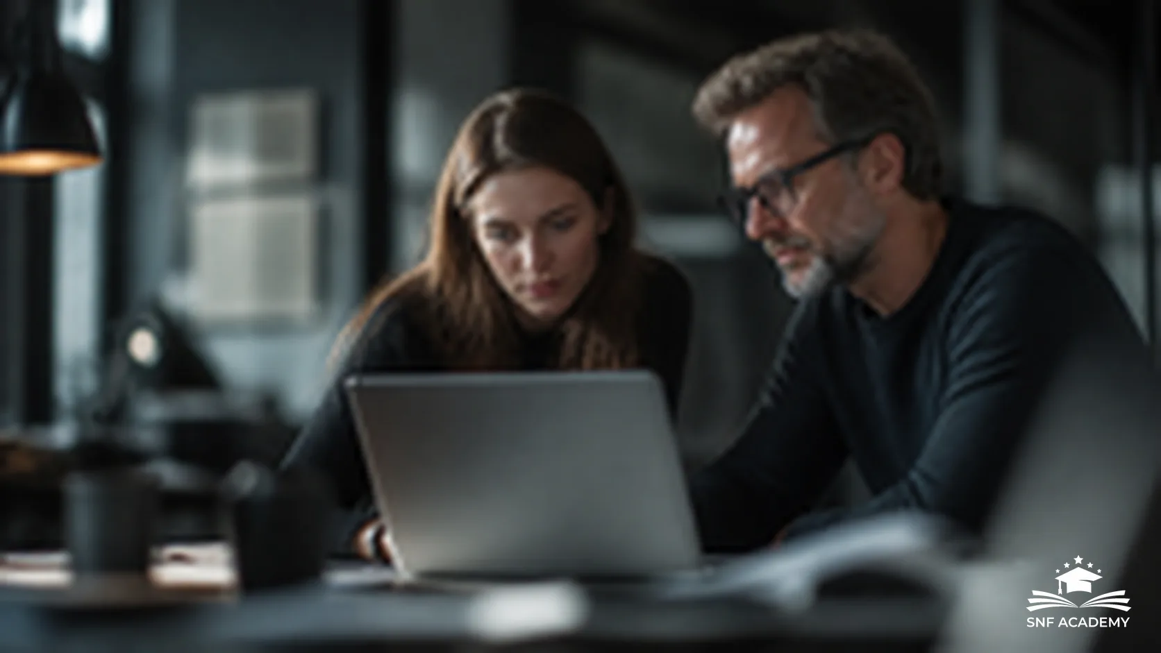 Zwei Personen besprechen gemeinsam Inhalte am Laptop, Lernatmosphäre einer Ausbildung