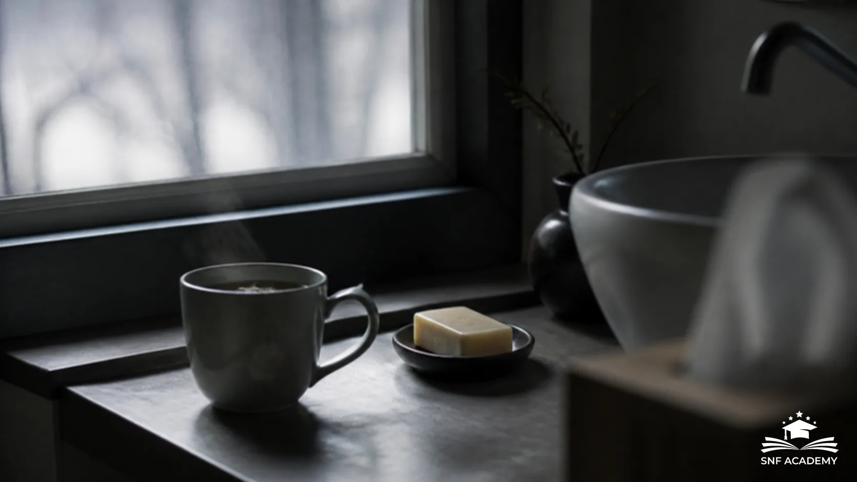 Tasse Tee und Seife auf der Fensterbank neben einem Waschbecken an einem kalten Wintermorgen