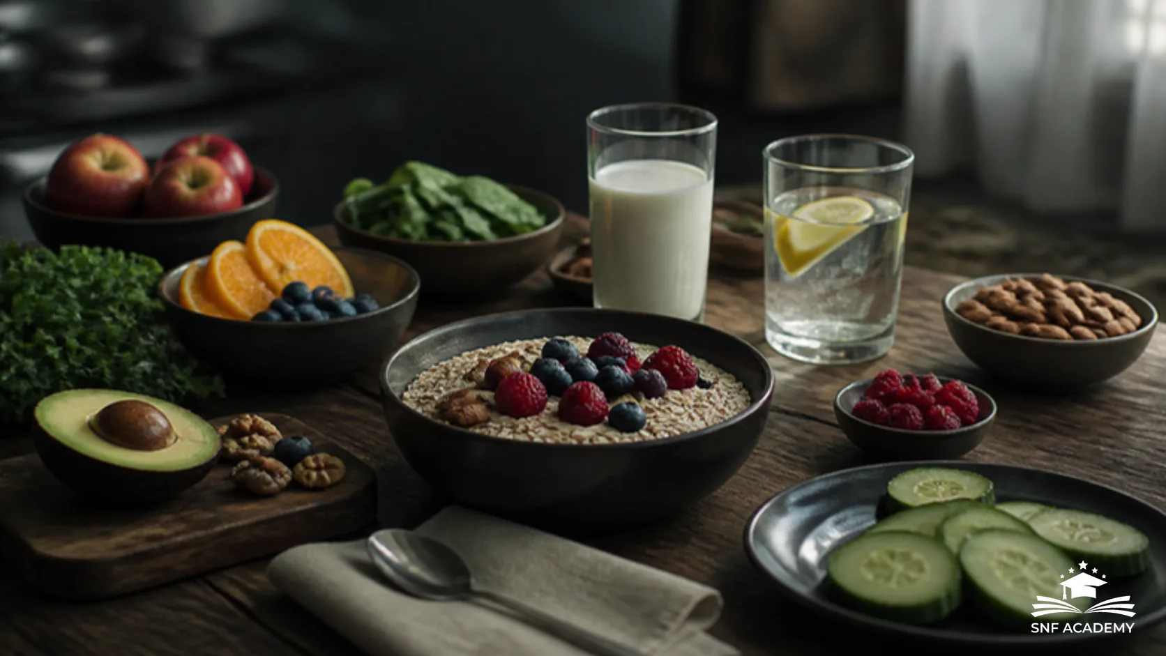 Frühstückstisch mit Haferflocken, Beeren, Nüssen und Gemüse als ausgewogene Ernährung zum Abnehmen