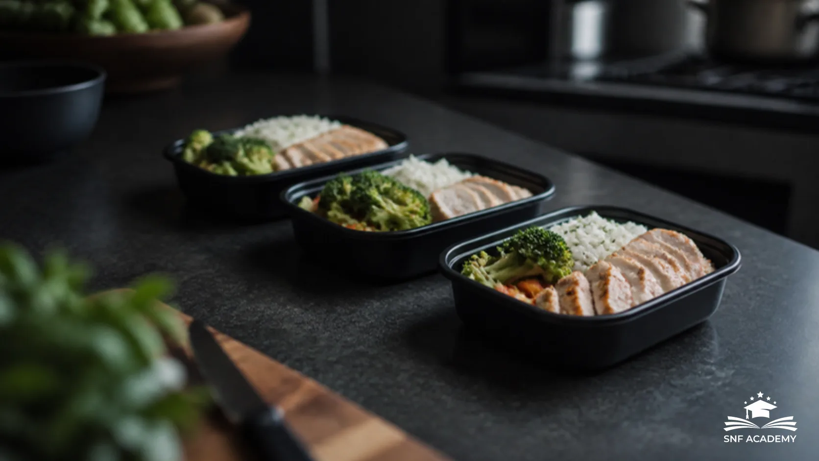 Meal-Prep-Boxen mit Hähnchen, Reis und Gemüse auf einer dunklen Küchenablage
