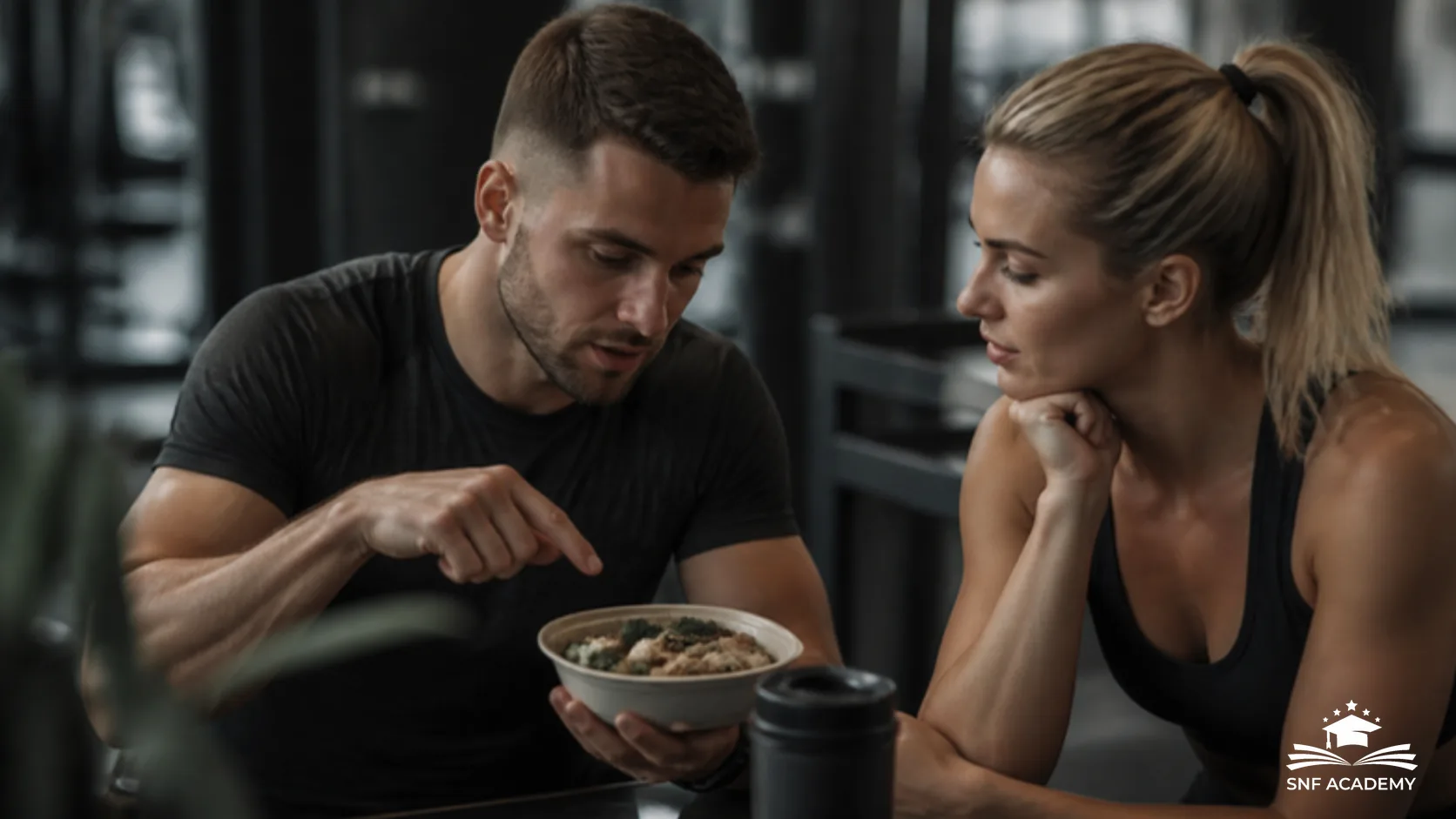 Trainer zeigt einer Kundin eine Schale mit gesundem Essen bei einer Ernährungsberatung im Fitnessstudio
