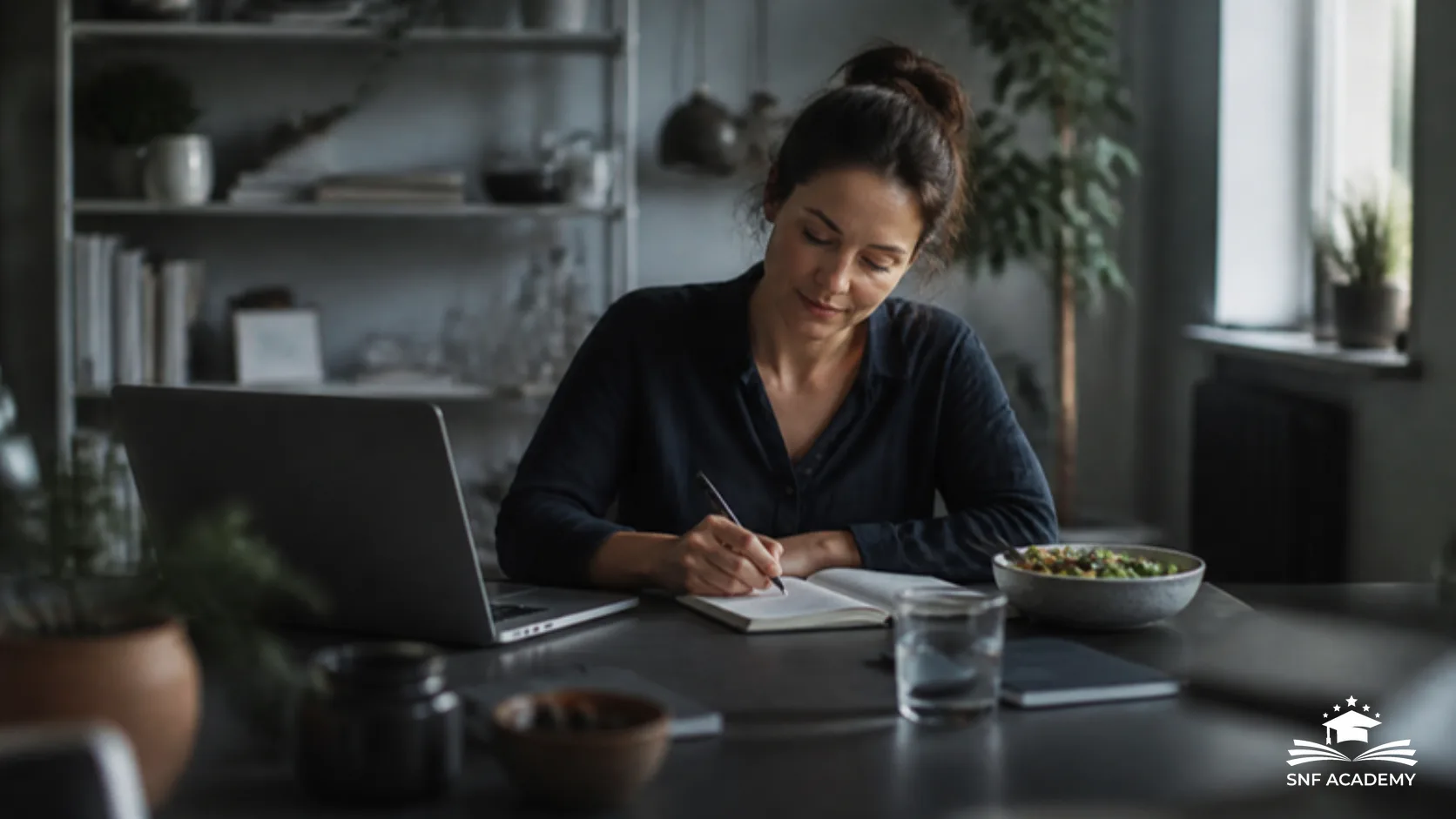 Selbständige Ernährungsberaterin plant ihr Angebot am Schreibtisch mit Laptop und Notizbuch