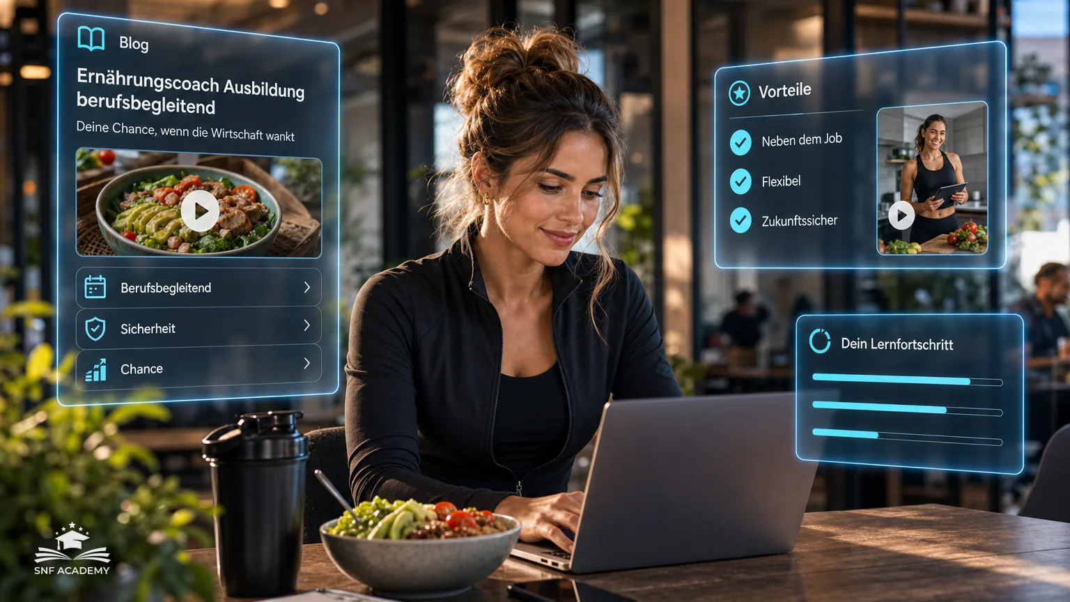 Frau lernt in der Mittagspause am Laptop, Bowl neben der Tastatur, modernes Büro – Ernährungscoach Ausbildung berufsbegleitend: Deine Chance, wenn die Wirtschaft wankt