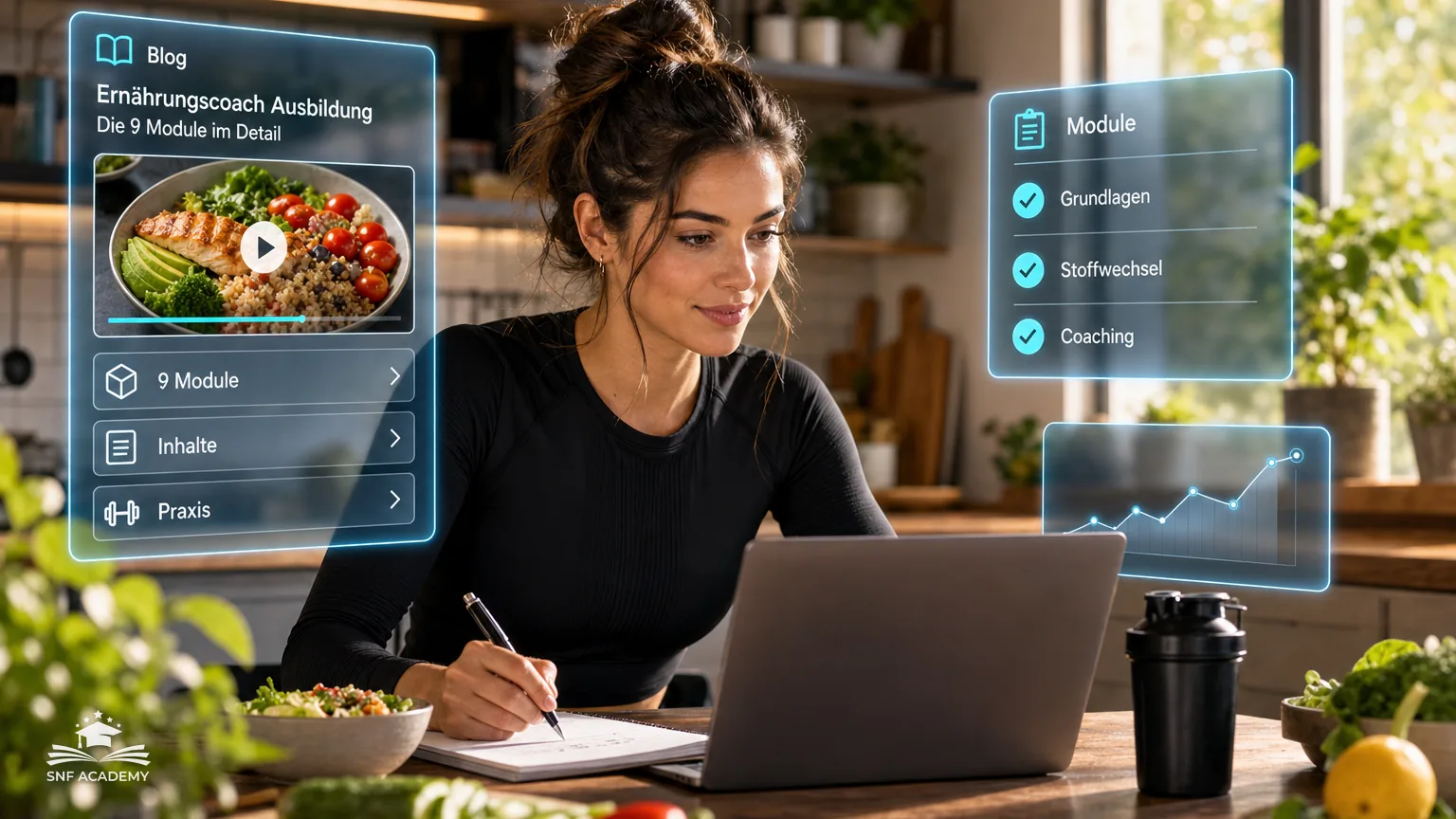 Teilnehmerin schaut am Laptop eine Videolektion über Makronährstoffe, Notizen und Gemüse, helle Küche – Ernährungscoach Ausbildung