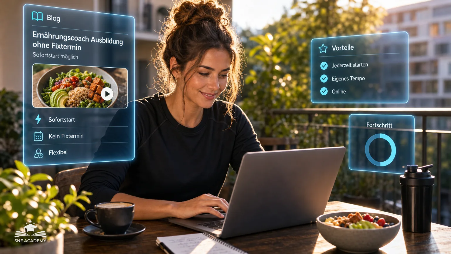 Frau startet spontan am Laptop die Ausbildung, Kaffeetasse und Notizbuch, sonniger Balkon – Ernährungscoach Ausbildung ohne Fixtermin