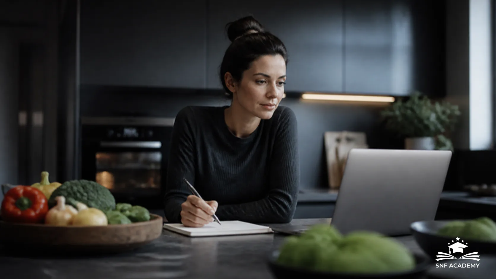Ernährungscoach arbeitet am Laptop in moderner Küche mit frischem Gemüse