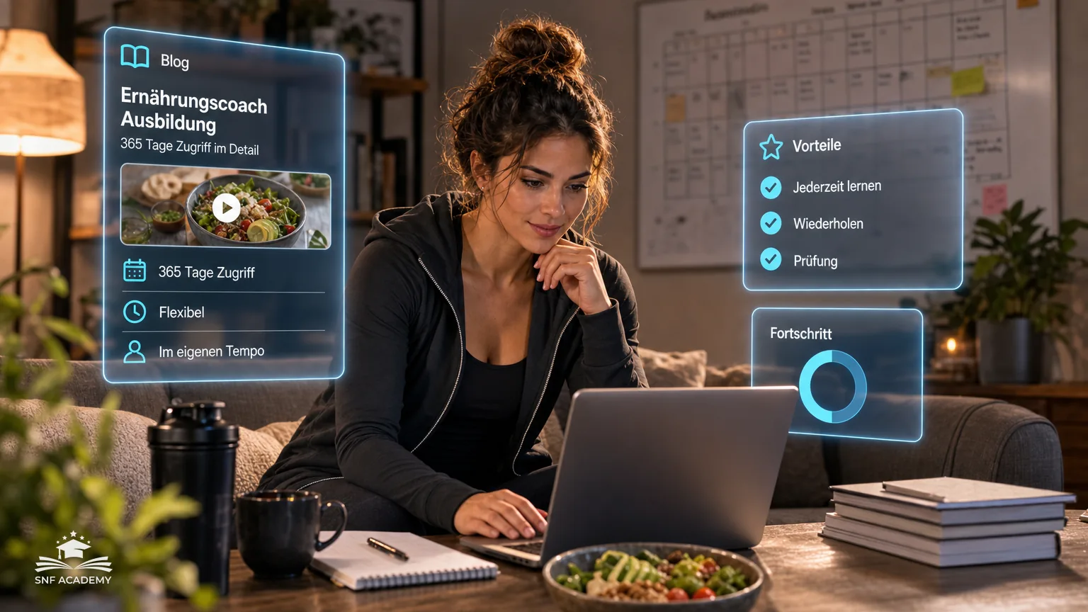 Frau lernt am Laptop auf dem Sofa ein Ernährungsmodul, Kalender an der Wand, gemütliches Wohnzimmer – Ernährungscoach Ausbildung