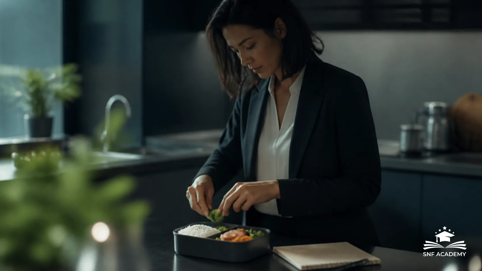 Person im Büro-Outfit packt in der Küche eine Lunchbox mit Gemüse, Reis und Fisch, Notizbuch daneben
