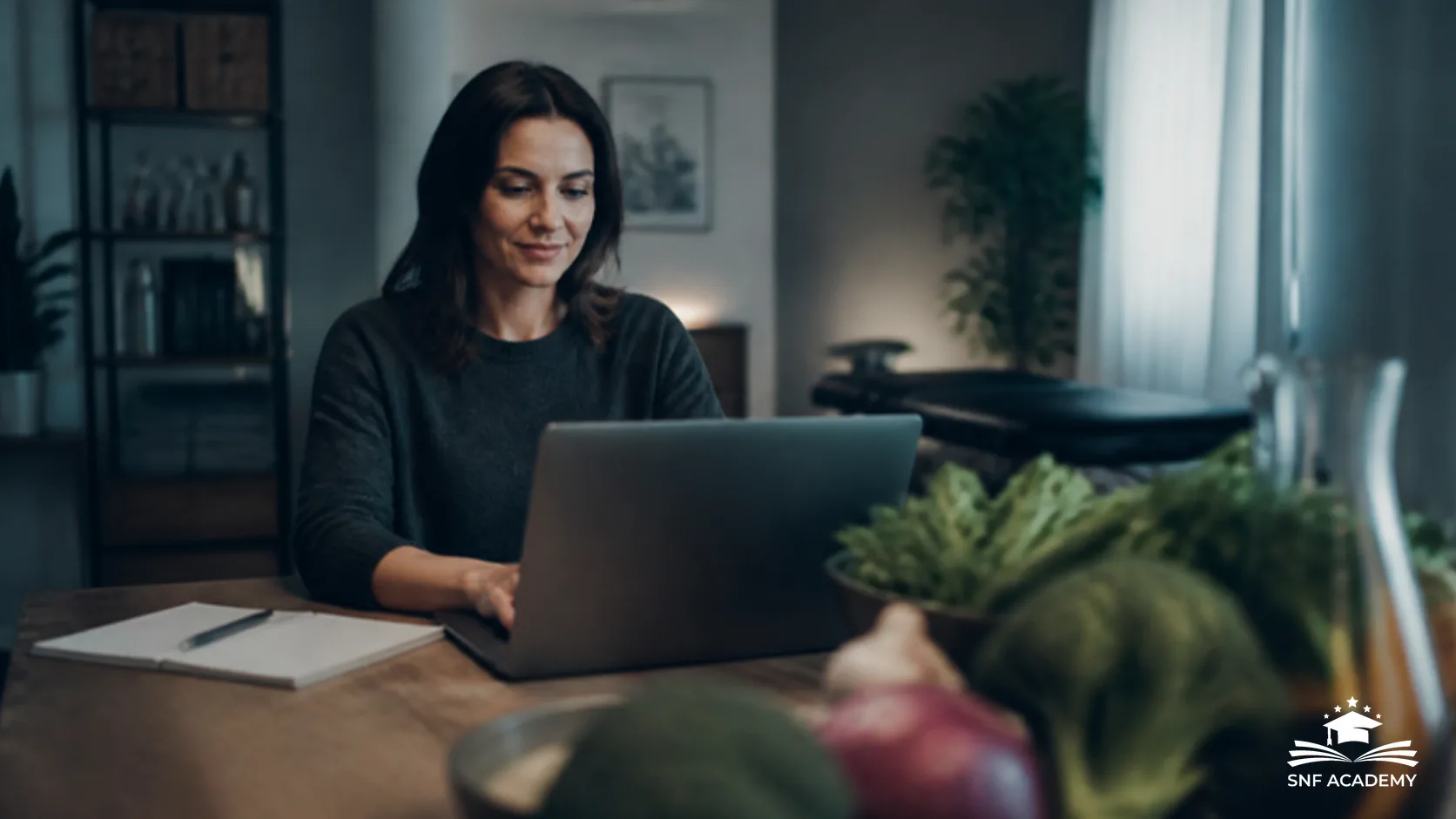 Ernährungscoachin arbeitet am Laptop mit frischem Gemüse im Vordergrund