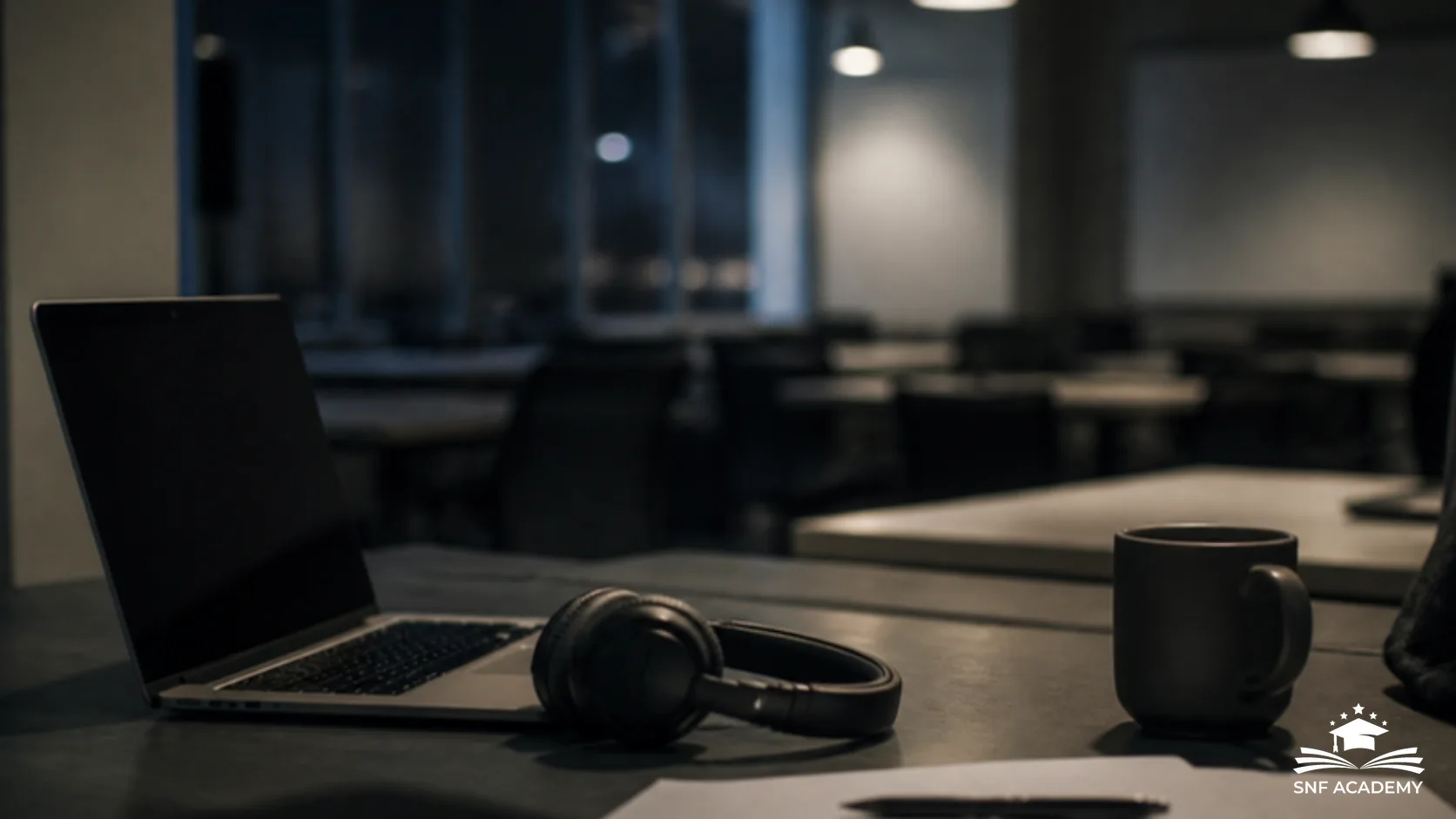 Laptop, Kopfhörer und Kaffeetasse am Abend, im Hintergrund ein leerer Seminarraum
