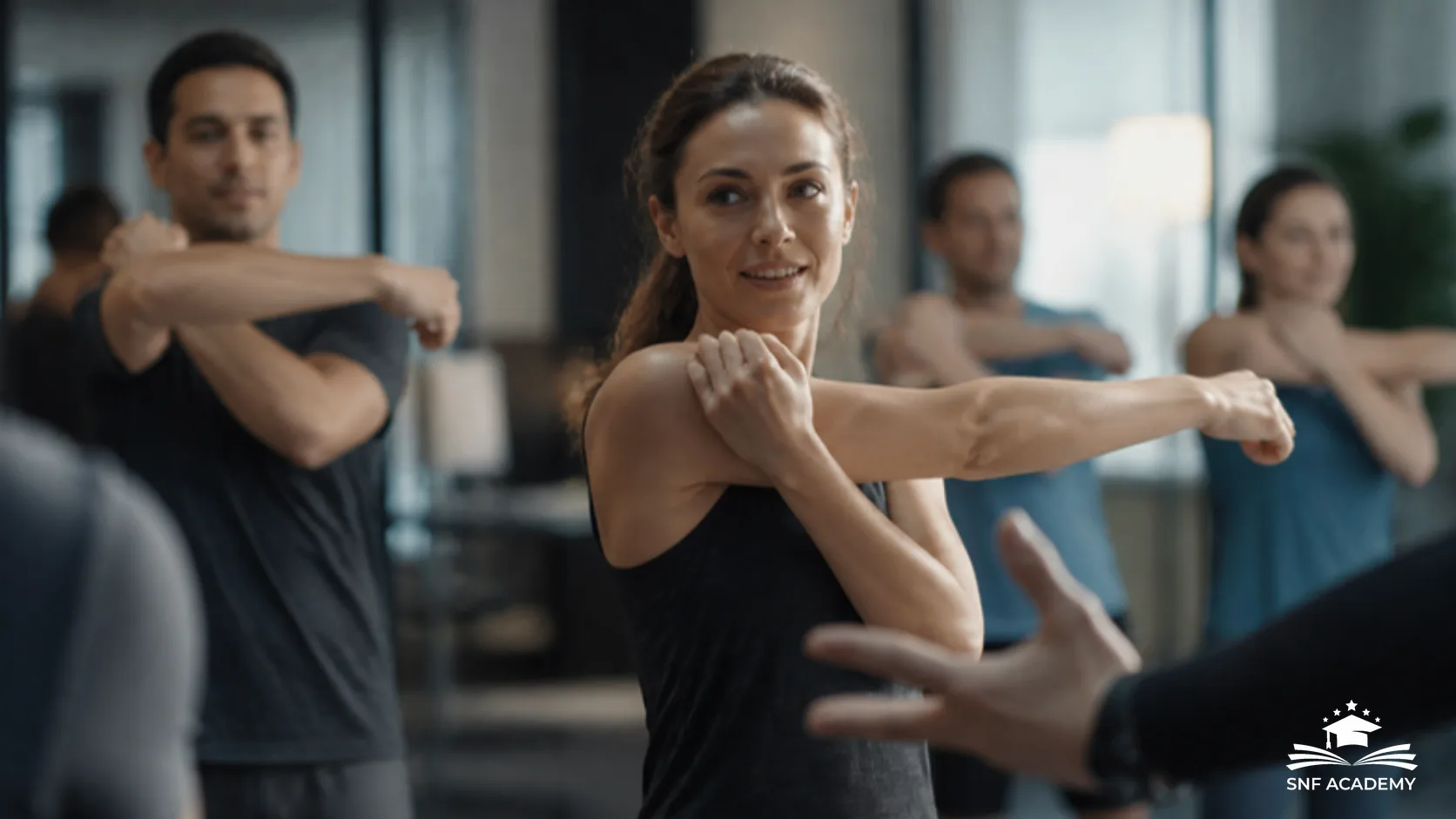 Mitarbeitende dehnen sich bei einer kurzen Firmenfitness-Einheit mit Trainer im Studioraum